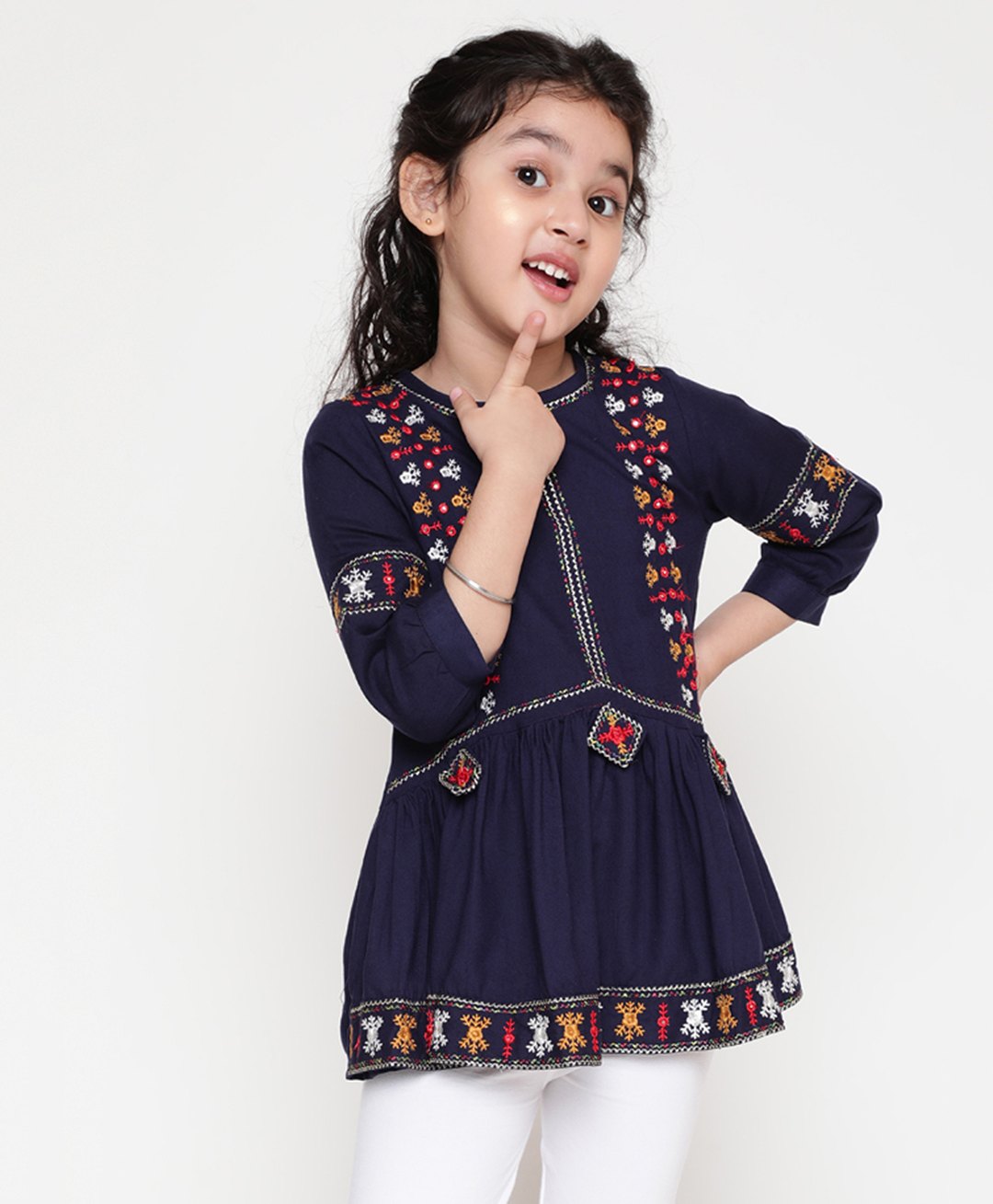 ISHTI Three Fourth Sleeves Mirror Work & Floral Embroidered Detailed Top - Navy Blue-picture-12