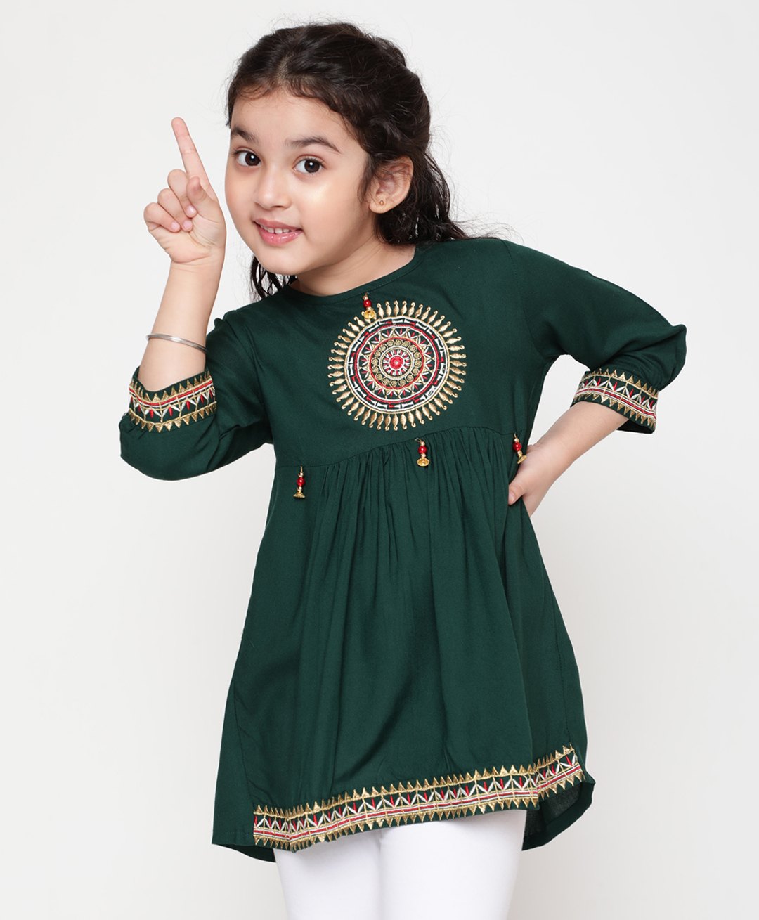 ISHTI Three Fourth Sleeves Beads Embellished Top - Bottle Green-picture-18