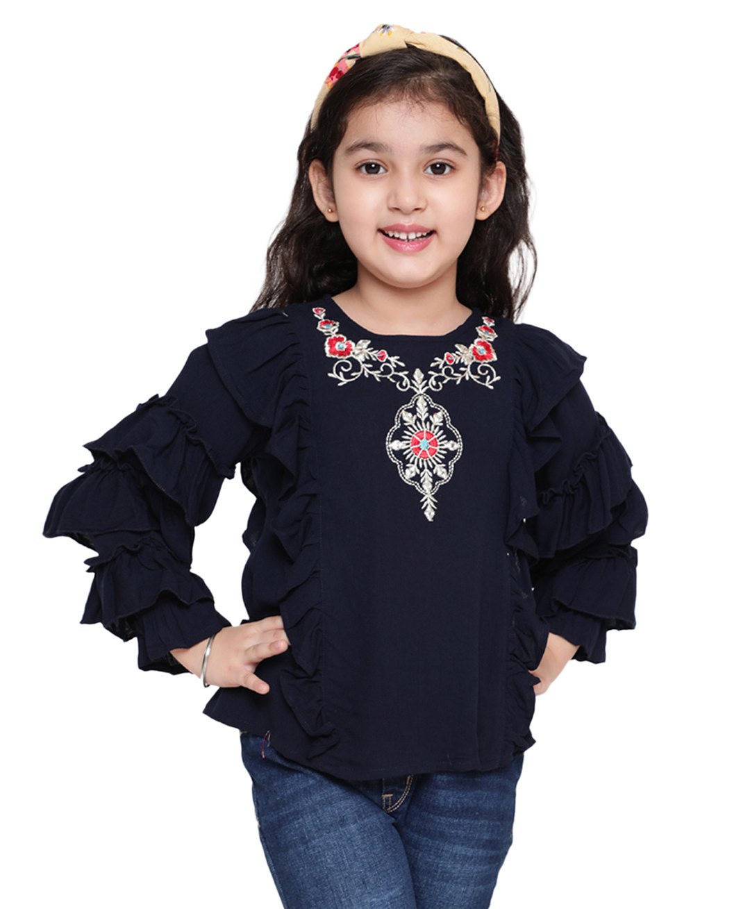 ISHTI Frill Sleeves & Floral Embroidered Top - Navy Blue-picture-25