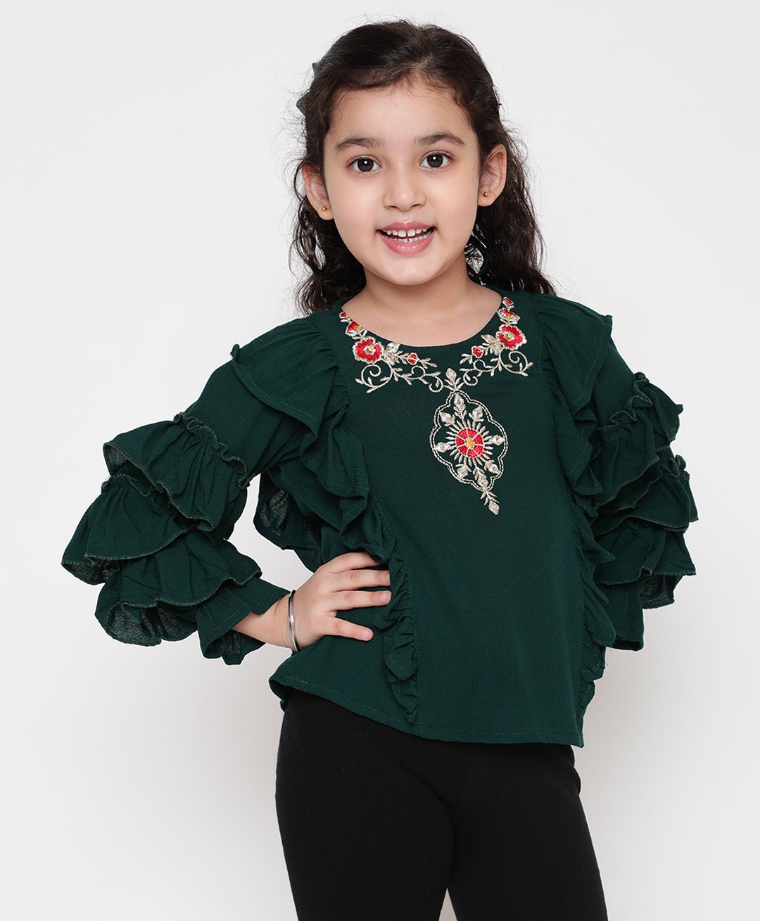 ISHTI Frill Sleeves & Floral Embroidered Top - Bottle Green-picture-22