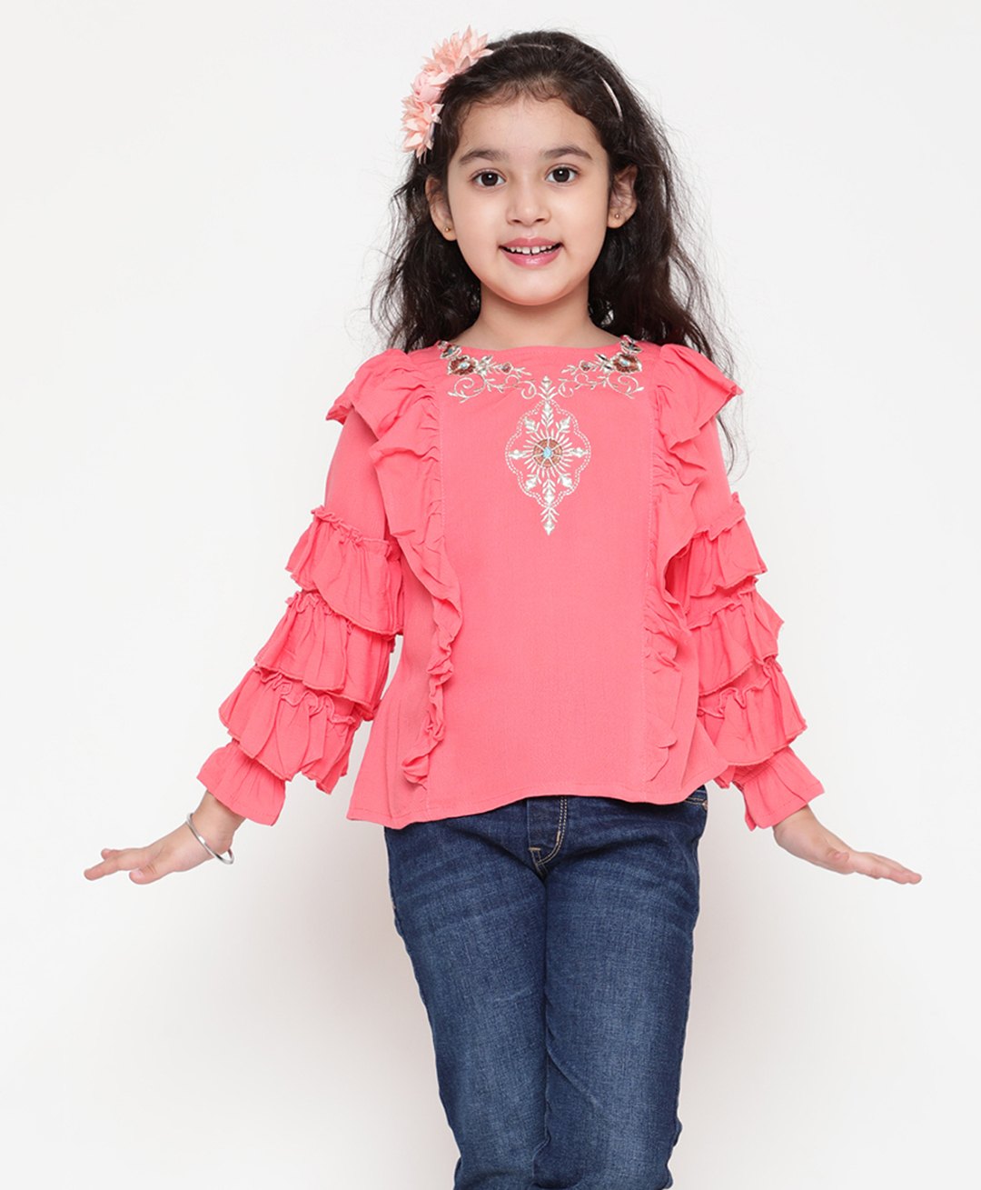 ISHTI Frill Sleeves  Floral Embroidered Top - Peach-image-7