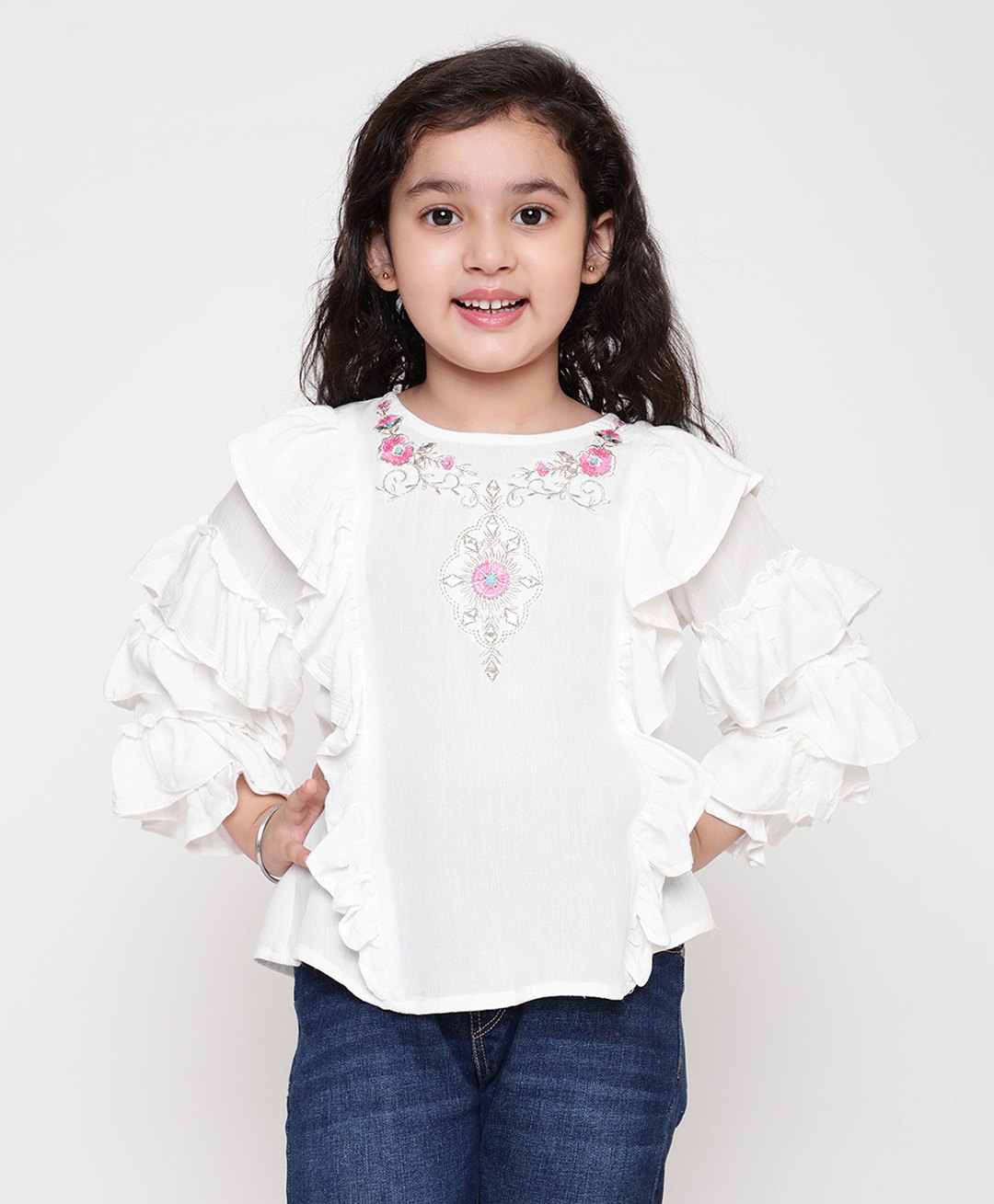 ISHTI Frill Sleeves Floral Embroidered Top - White-picture-28