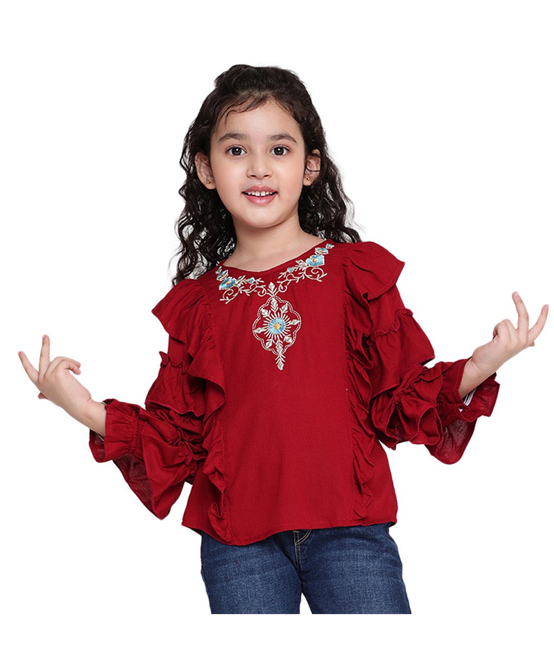 ISHTI Frill Sleeves Floral Embroidered Top - Maroon-image-19