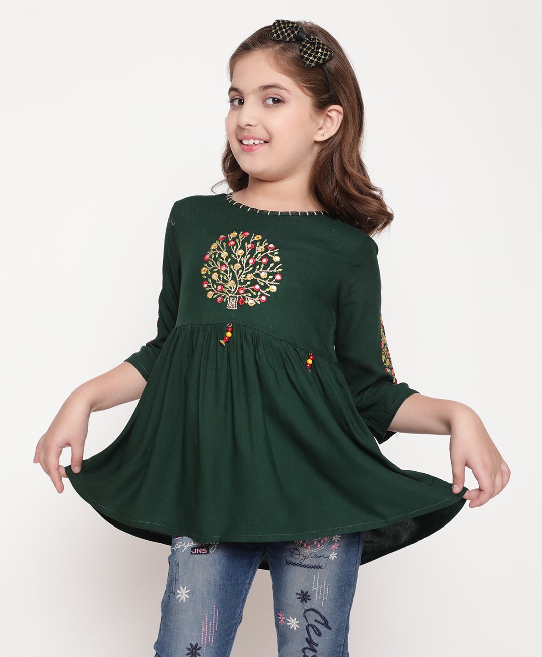 ISHTI Rayon Three Fourth Sleeves Floral Embroidered Peplum Top - Bottle Green-picture-16