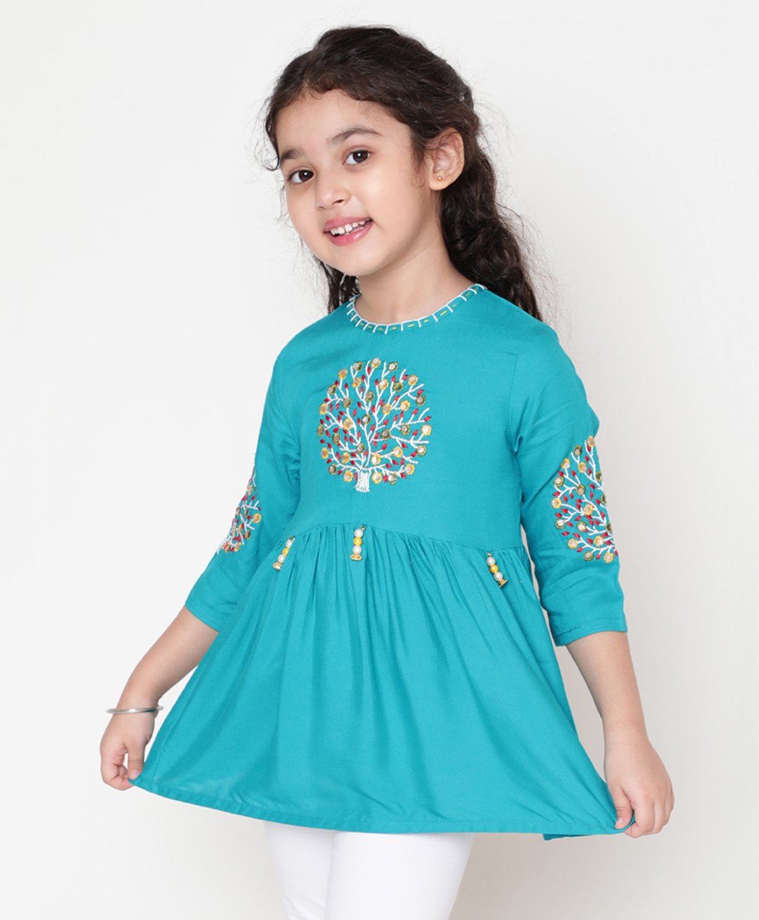ISHTI Rayon Three Fourth Sleeves Floral Embroidered Peplum Top - Rama-picture-22