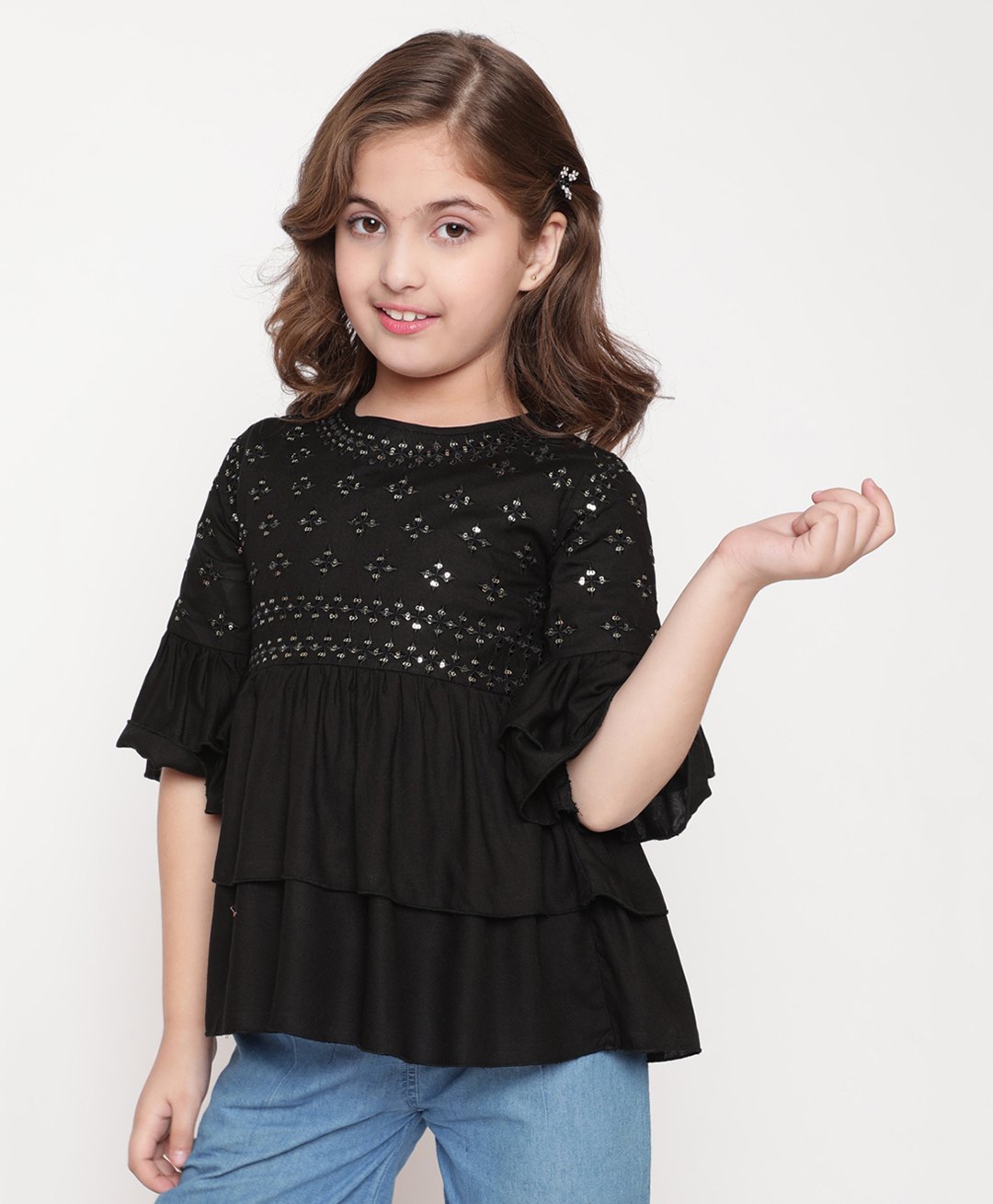 ISHTI Three Fourth Sleeves Sequin Detailed Top - Black-picture-23