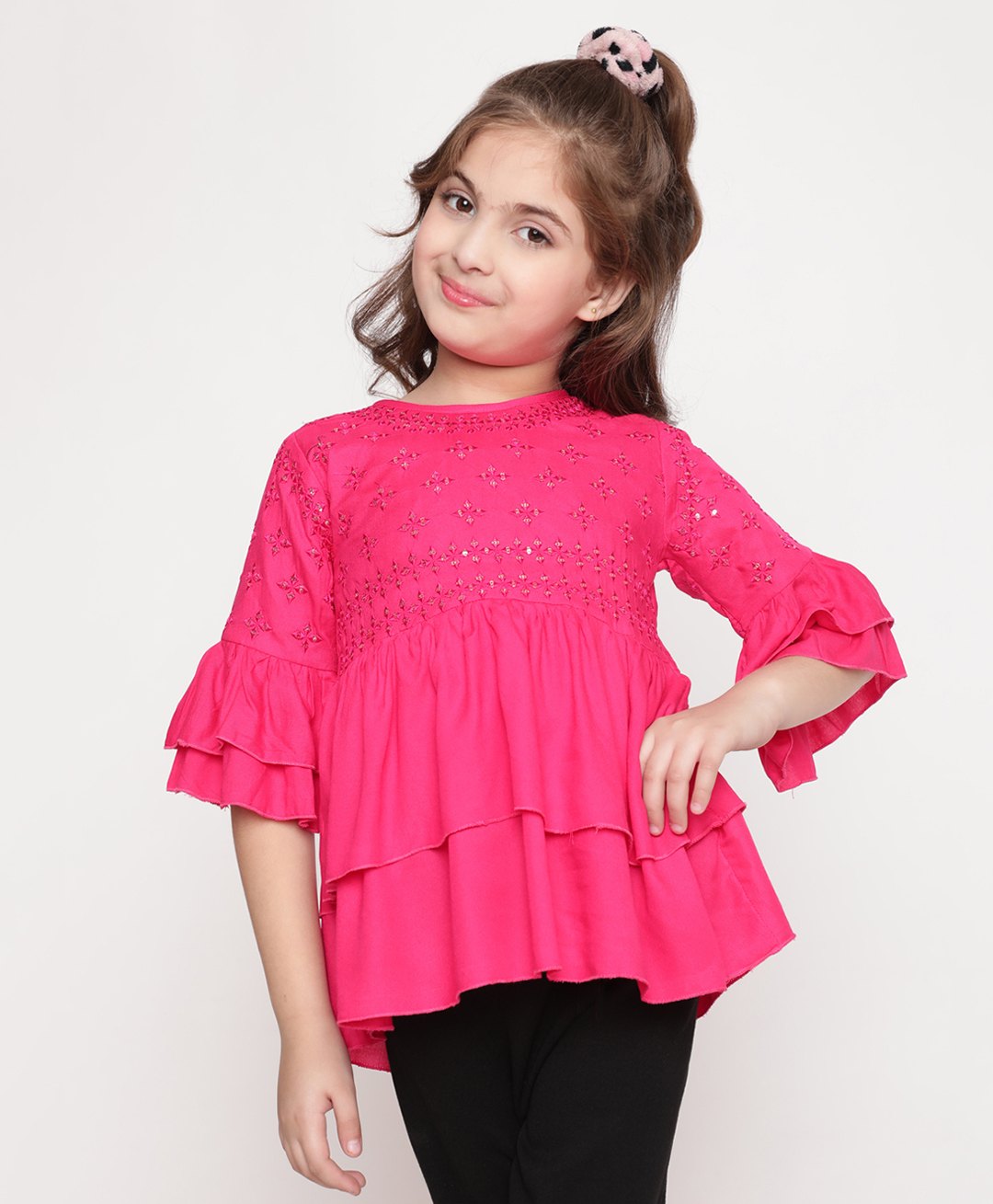 ISHTI Three Fourth Frill Sleeves & Sequin Detailed Top - Rani Pink-picture-16