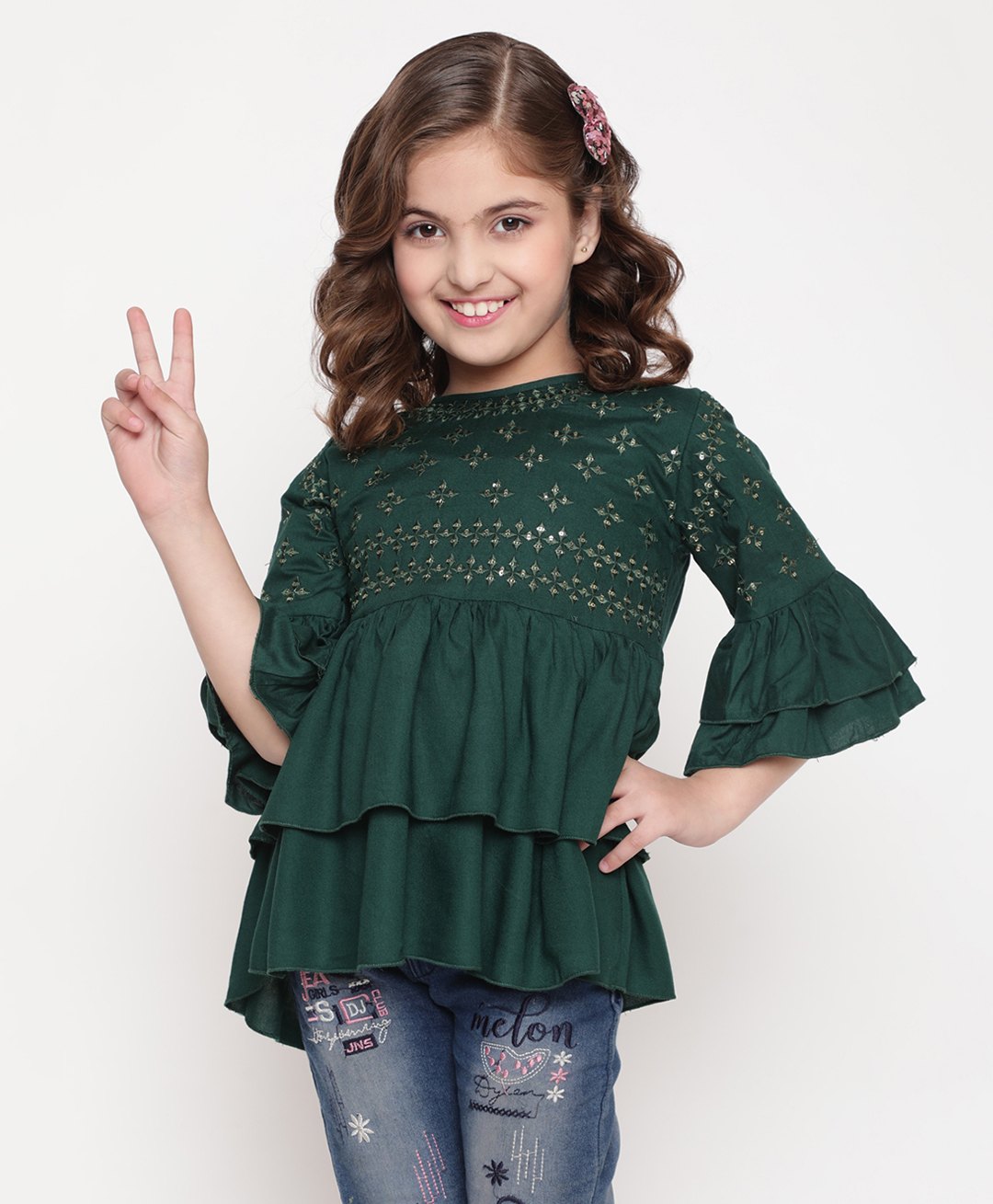 ISHTI Three Fourth Frill Sleeves & Sequin Detailed Top & Sequin Detailed Top - Green-picture-14