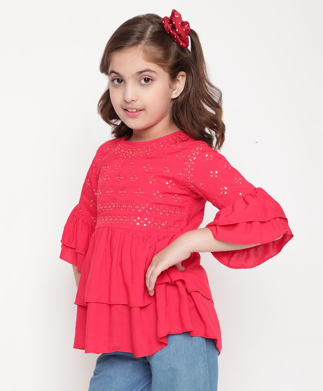 ISHTI Three Fourth Frill Sleeves & Sequin Detailed Top - Red-picture-20