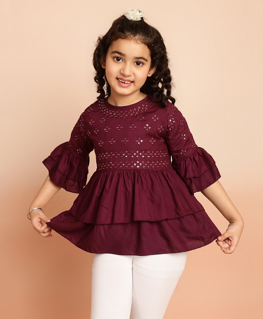 ISHTI Frill Sleeves & Sequin Embellished Top - Wine-image-16