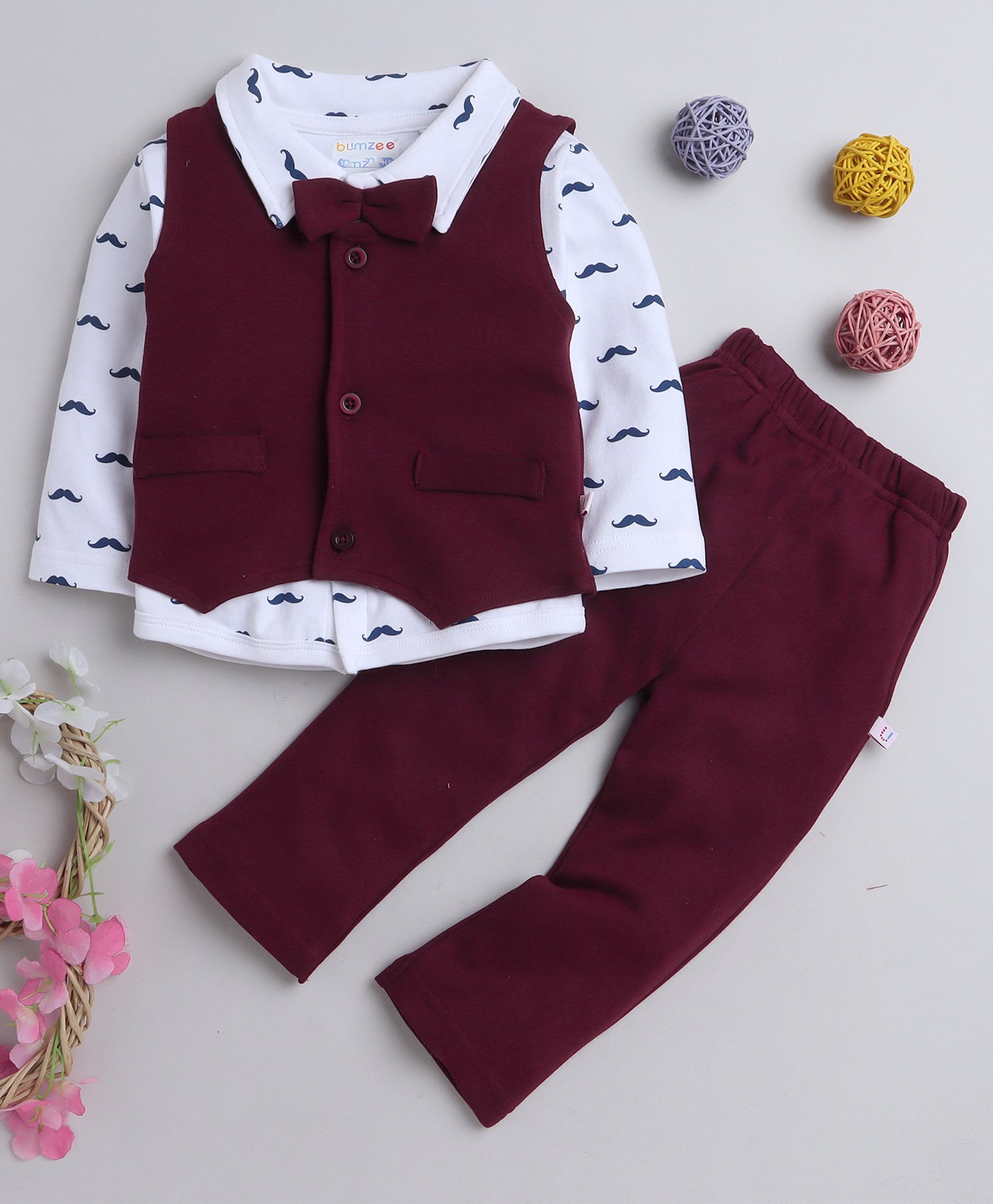 BUMZEE Full Sleeves Moustache Printed Shirt Pant & Waistcoat Set - Maroon & White-picture-17