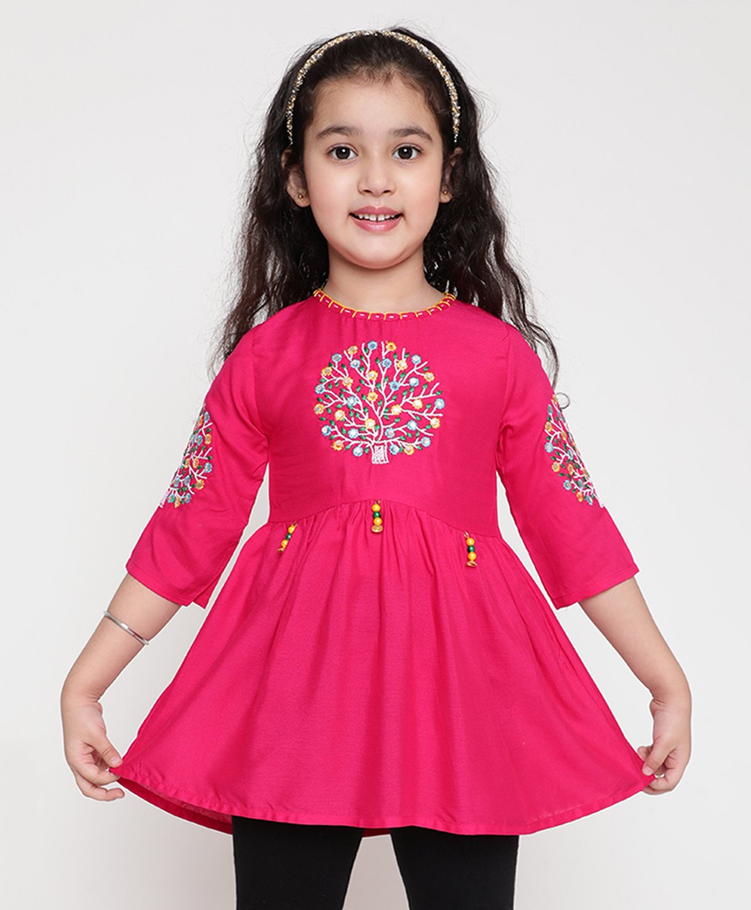 ISHTI Three Fourth Sleeves Floral Embroidered Top - Rani Pink-picture-27
