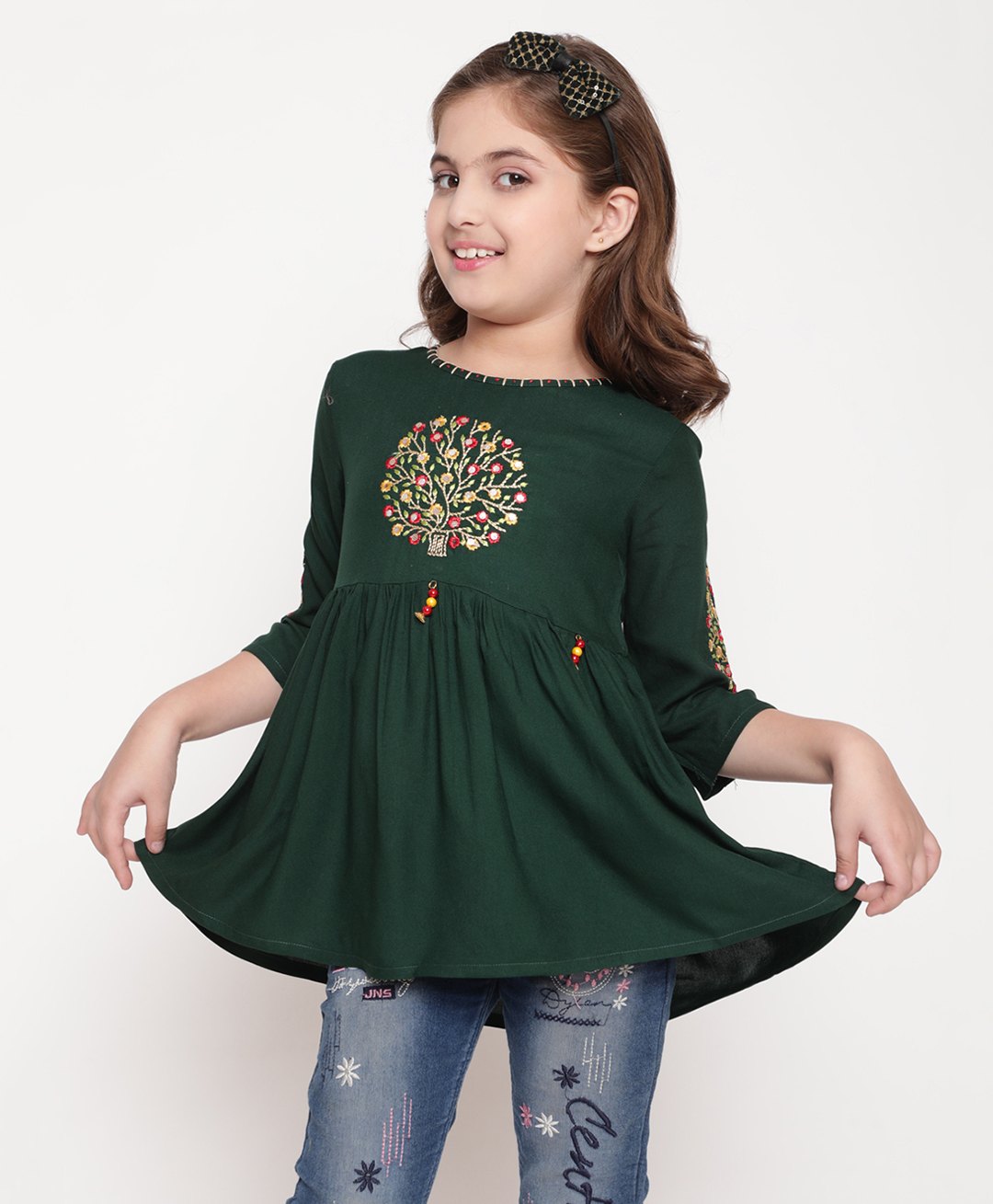 ISHTI Three Fourth Sleeves Floral Embroidered Top - Bottle Green-picture-23