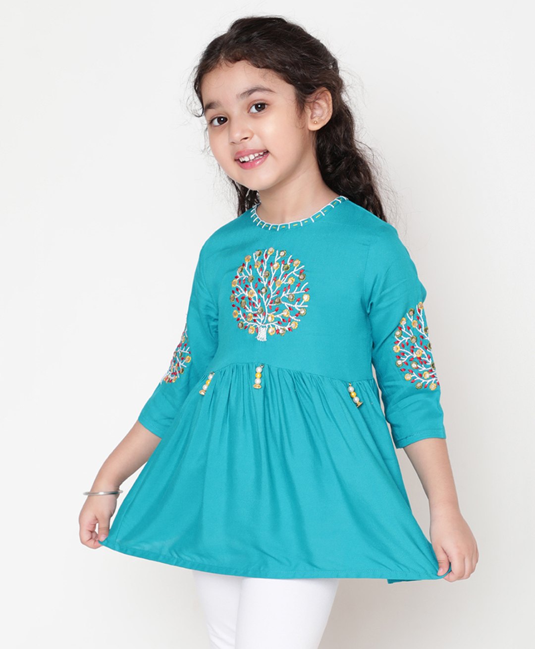 ISHTI Three Fourth Sleeves Floral Embroidered Top - Blue-picture-34