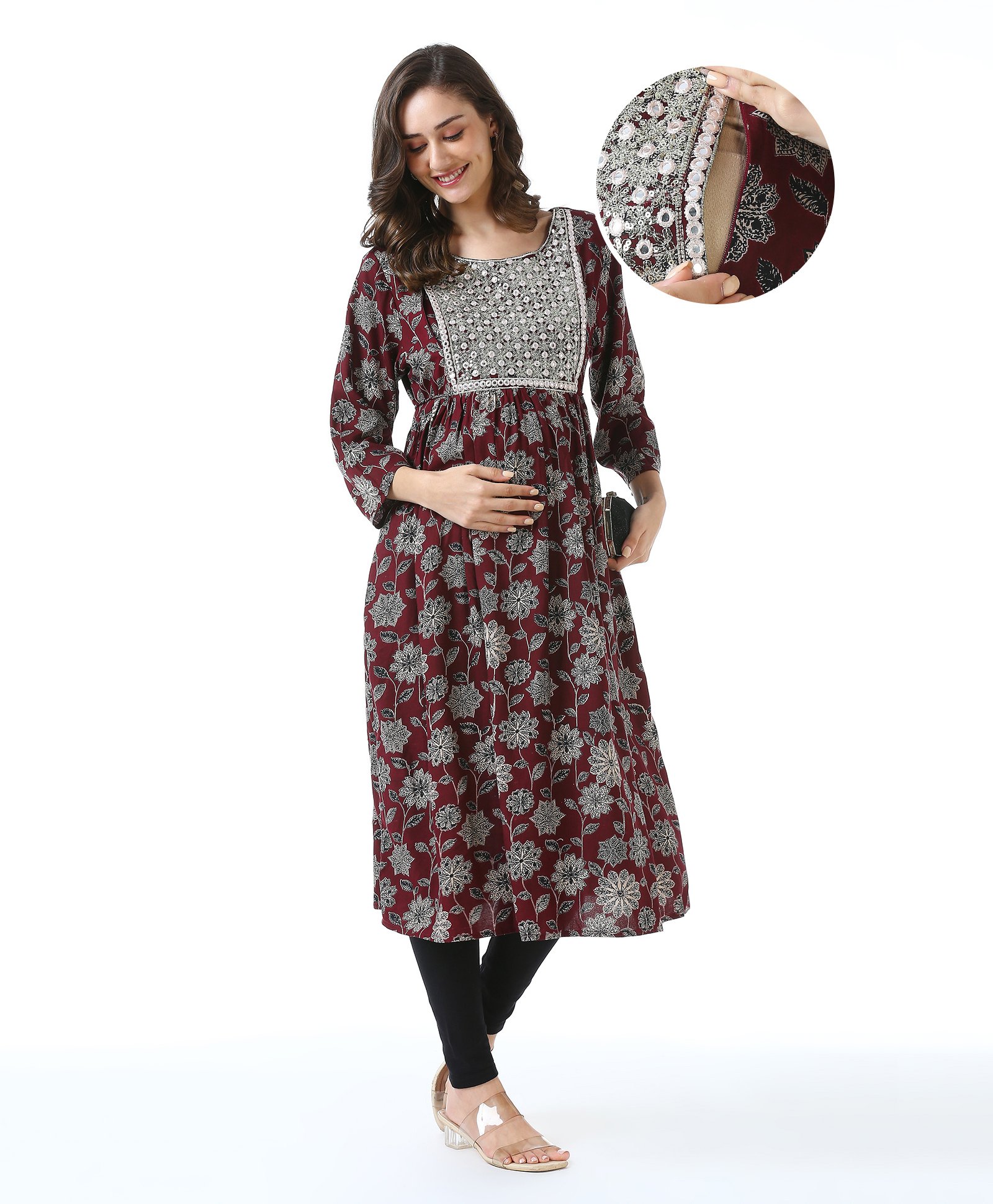 Bella Mama Woven  Three Fourth Sleeves Maternity Kurta Floral Print & Embroidered Yoke  - Maroon-image-8