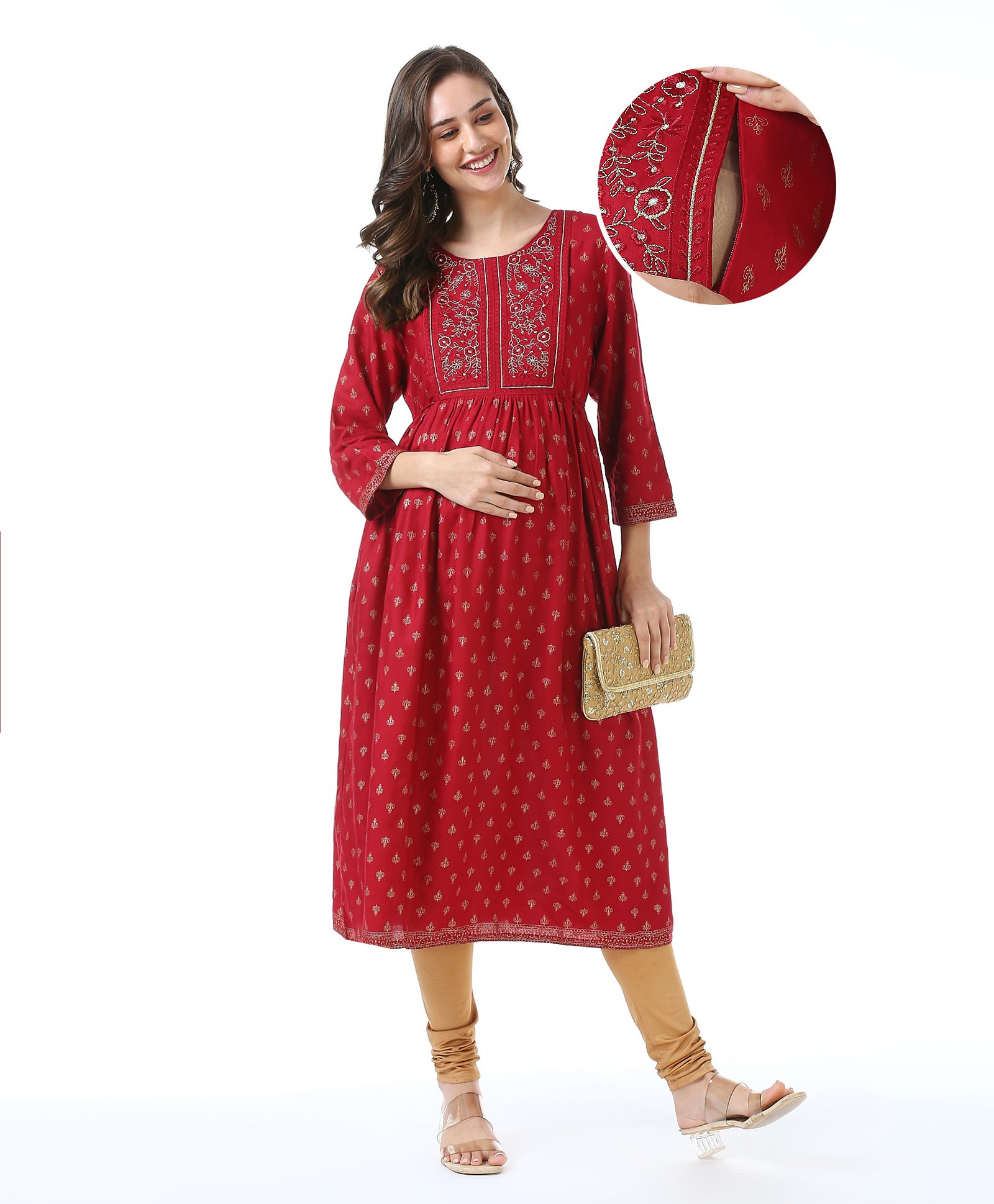 Bella Mama Woven Three Fourth Sleeves Floral Embroidered Yoke & Printed Maternity Kurta with Pocket Detailing - Maroon-image-33