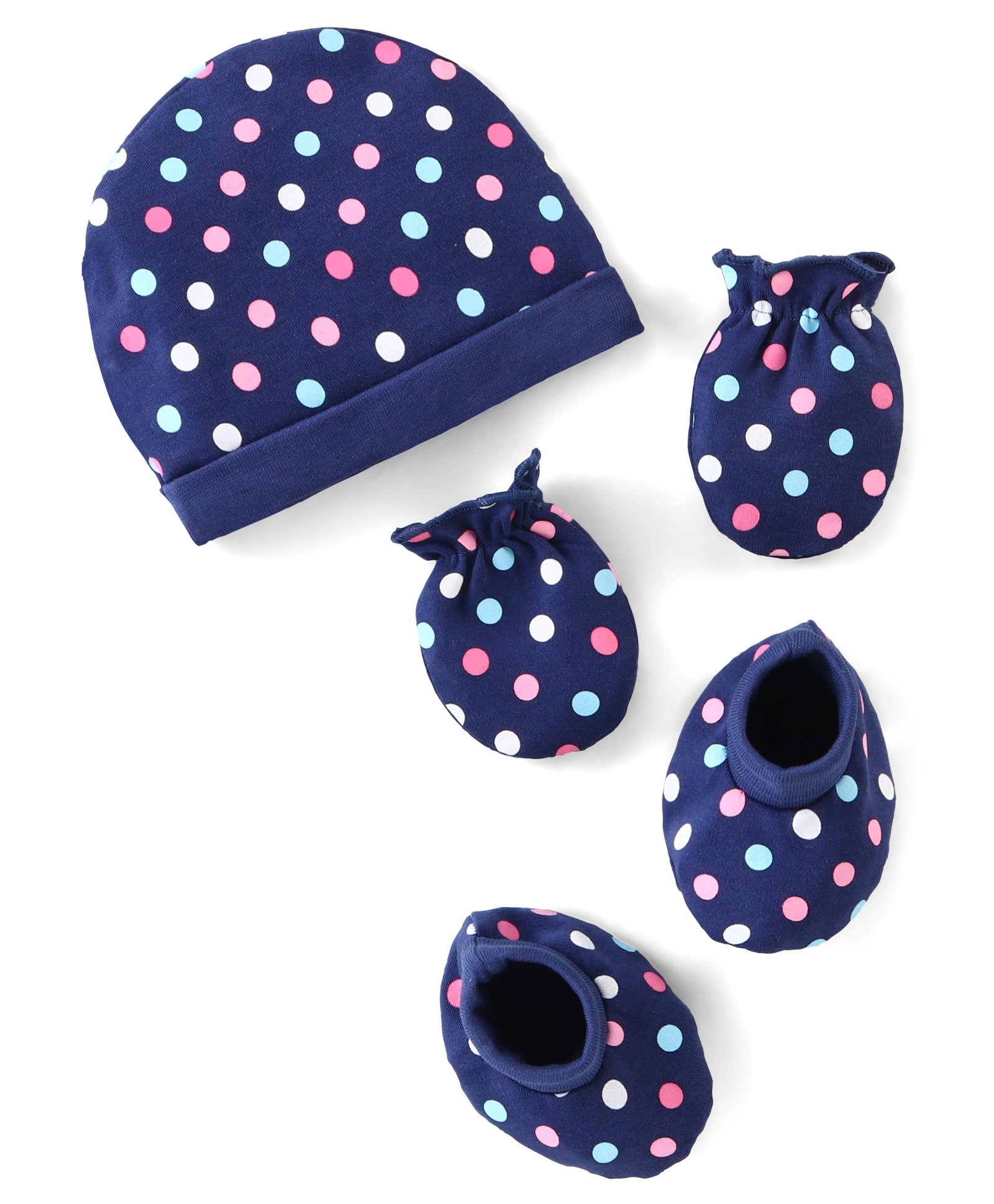 Babyhug 100% Cotton Cap Mittens & Booties Set Polka Dots Print - Navy Blue-image-9