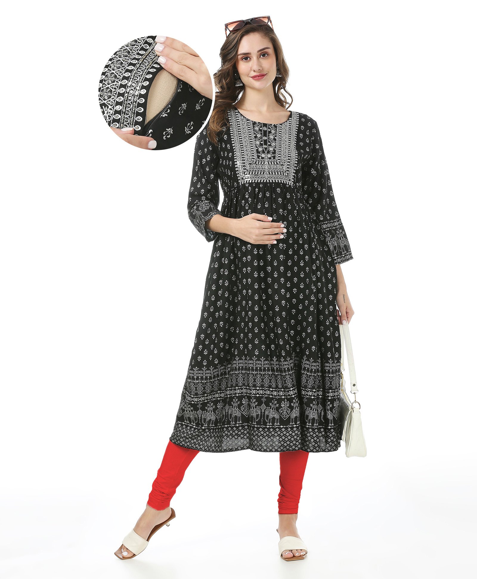 Bella Mama Three Fourth Sleeves Printed With Embroidered Yoke Maternity Kurta with Pocket - Black-image-37