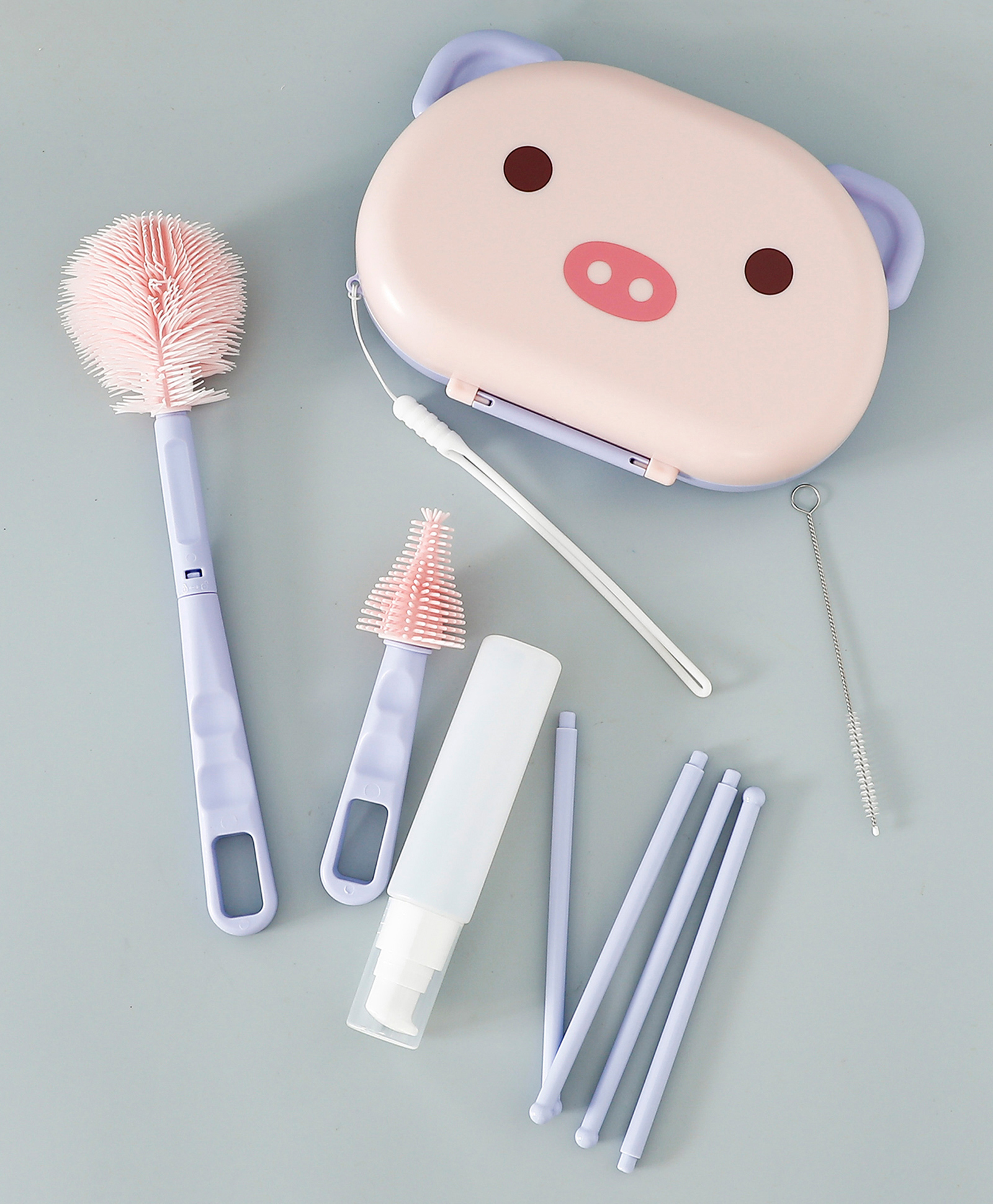fab n funky Baby Bottle Brush Cleaner Set With Removable Drying Stand Tray Baby Bottles Drying Rack With Storage Box,Soap Dispenser, Baby Travel Essential Bottle Brush Set - Pink-picture-28