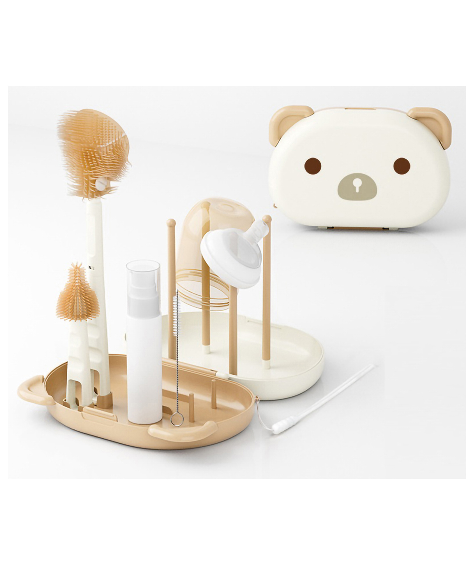 Baby Bottle Brush Cleaner Set With Removable Drying Stand Tray Baby Bottles Drying Rack With Storage Box,Soap Dispenser, Baby Travel Essential Bottle Brush Set - Cream