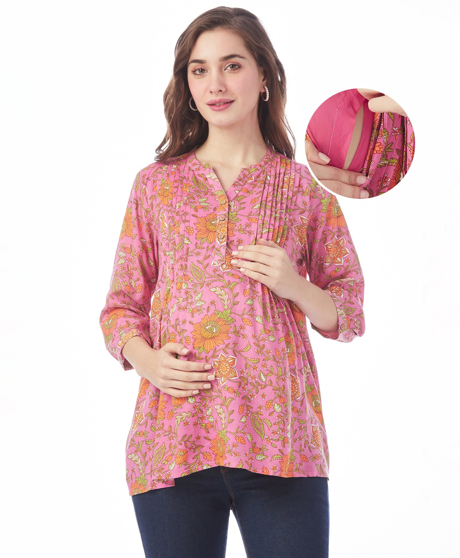 Bella Mama   Woven Three Fourth Sleeves Pintucks Detailing &  Jal Printed  Maternity Top with Pocket - Pink-picture-20