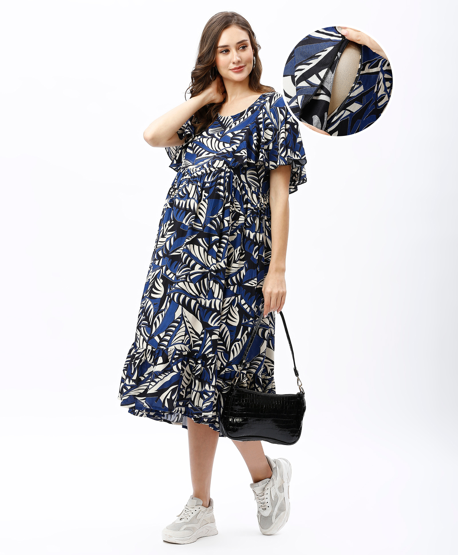 Bella Mama Woven  Half Frill Sleeves Floral Leafy Maternity Dress - Blue