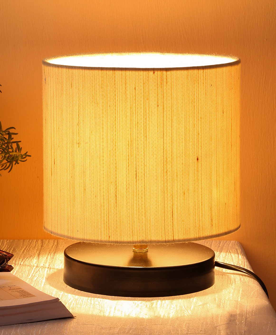 Devansh Off White Cotton Shade Lamp with Black Wood Base-picture-35