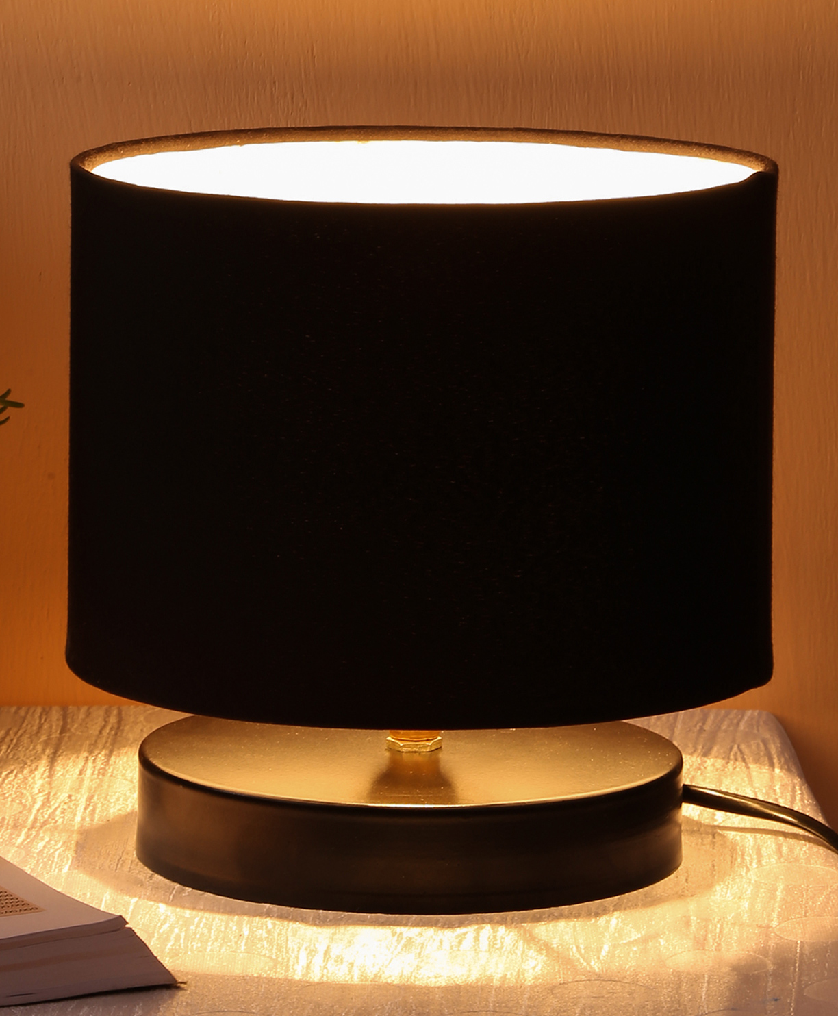 Devansh Black Cotton Shade Lamp with Black Wood Base-image-37