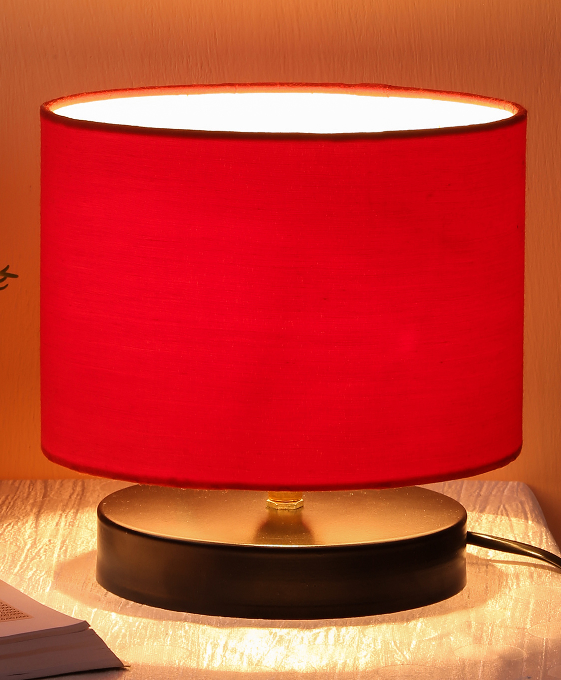 Devansh Red Cotton Shade Lamp with Black Wood Base-picture-10