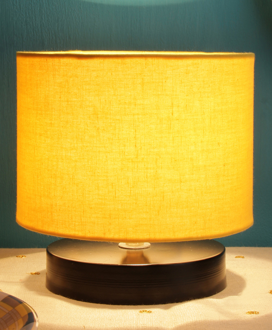 Devansh Yellow Cotton Shade Lamp with Black Black Wood Base-image-10
