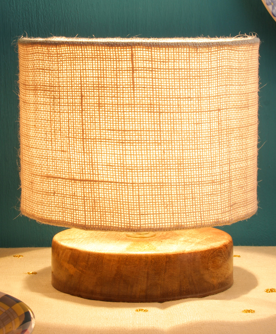 Devansh Jute Shade Lamp With Natural Wood Base - White-image-36