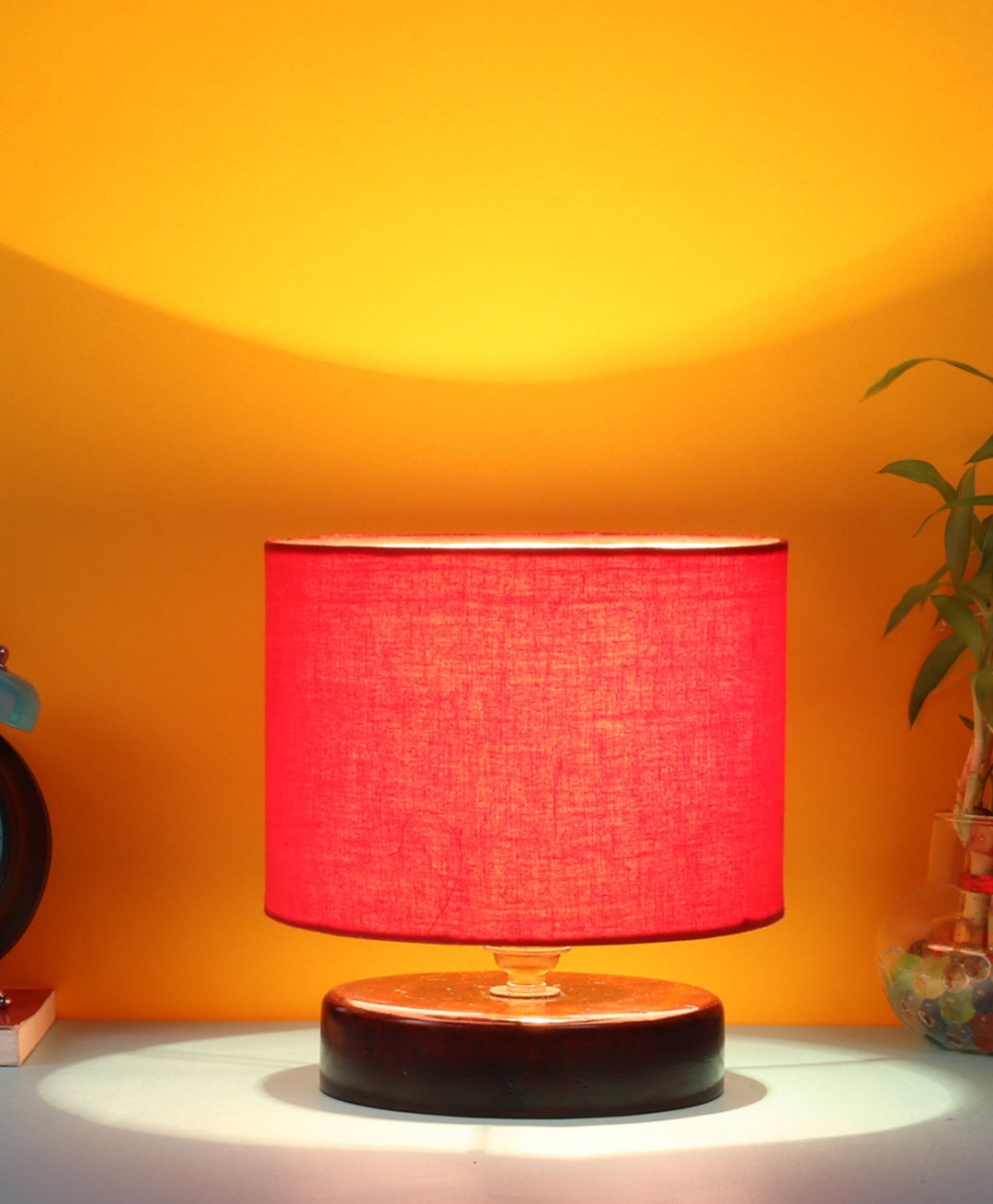 Devansh Cotton Shade Lamp with Brown Wood Base - Red-image-22