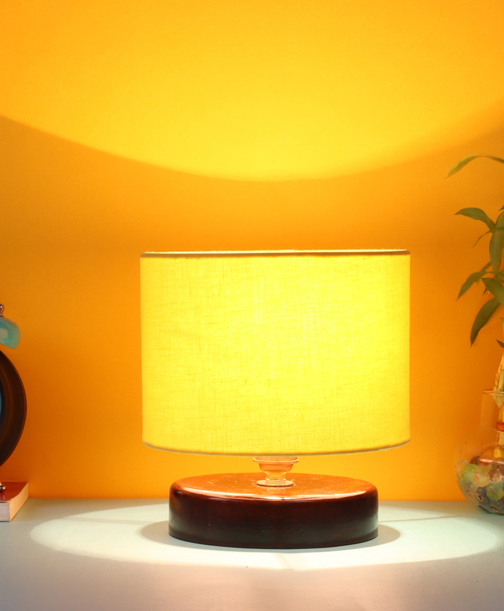 Devansh Cotton Shade Lamp with Brown Wood Base - Yellow-image-30