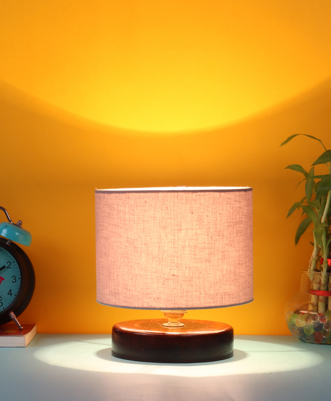Devansh Cotton Shade Lamp with Brown Wood Base - Grey-image-16
