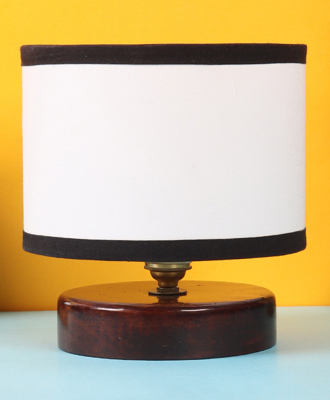 Devansh Cotton Shade Lamp with Brown Wood Base - White And Black-image-31