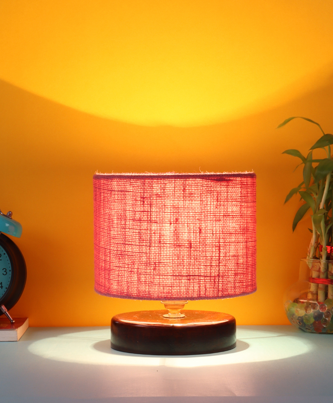 Devansh Jute Shade Lamp with Brown Wood Base - Pink-picture-10