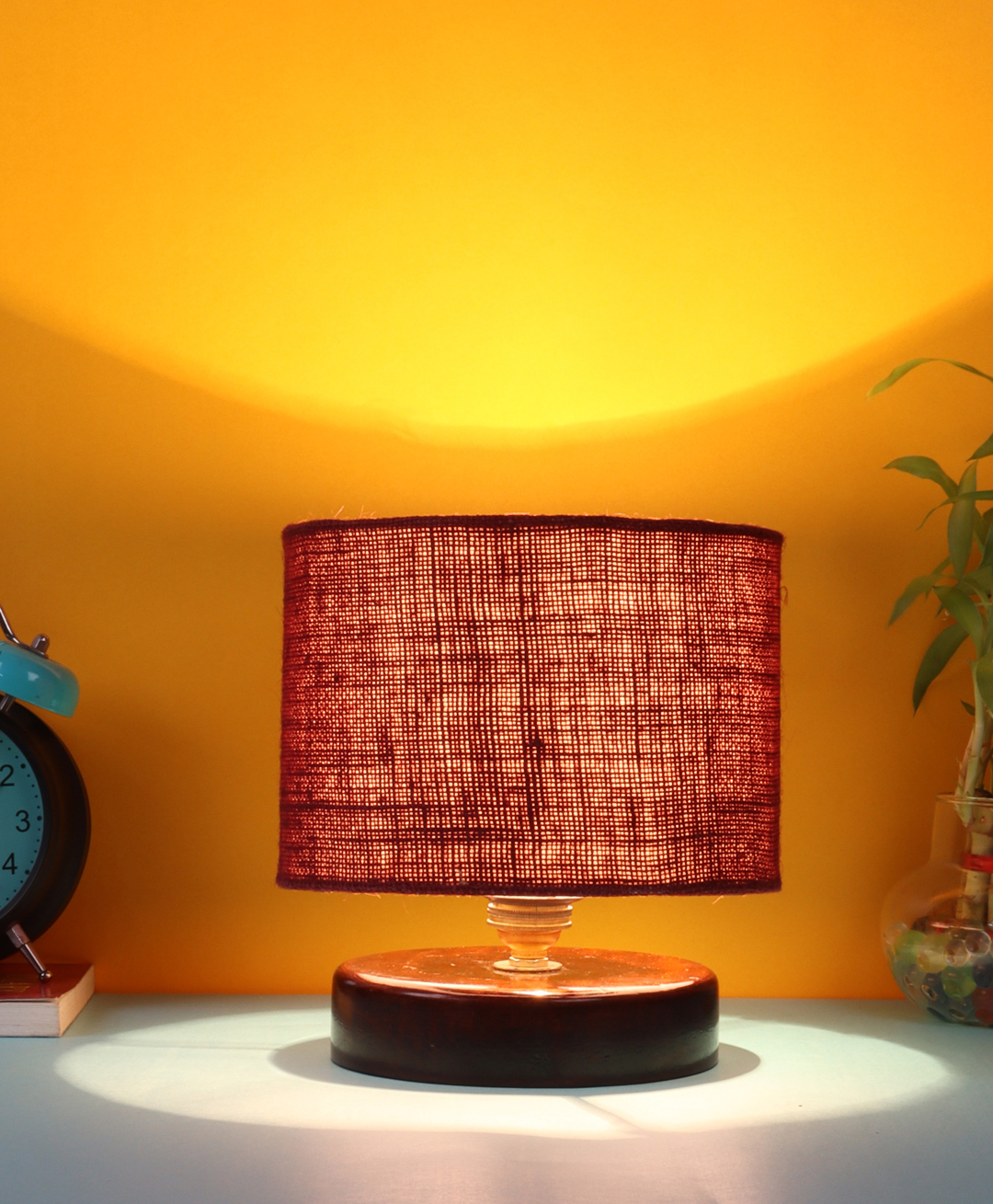 Devansh Jute Shade Lamp with Brown Wood Base - Maroon-image-5