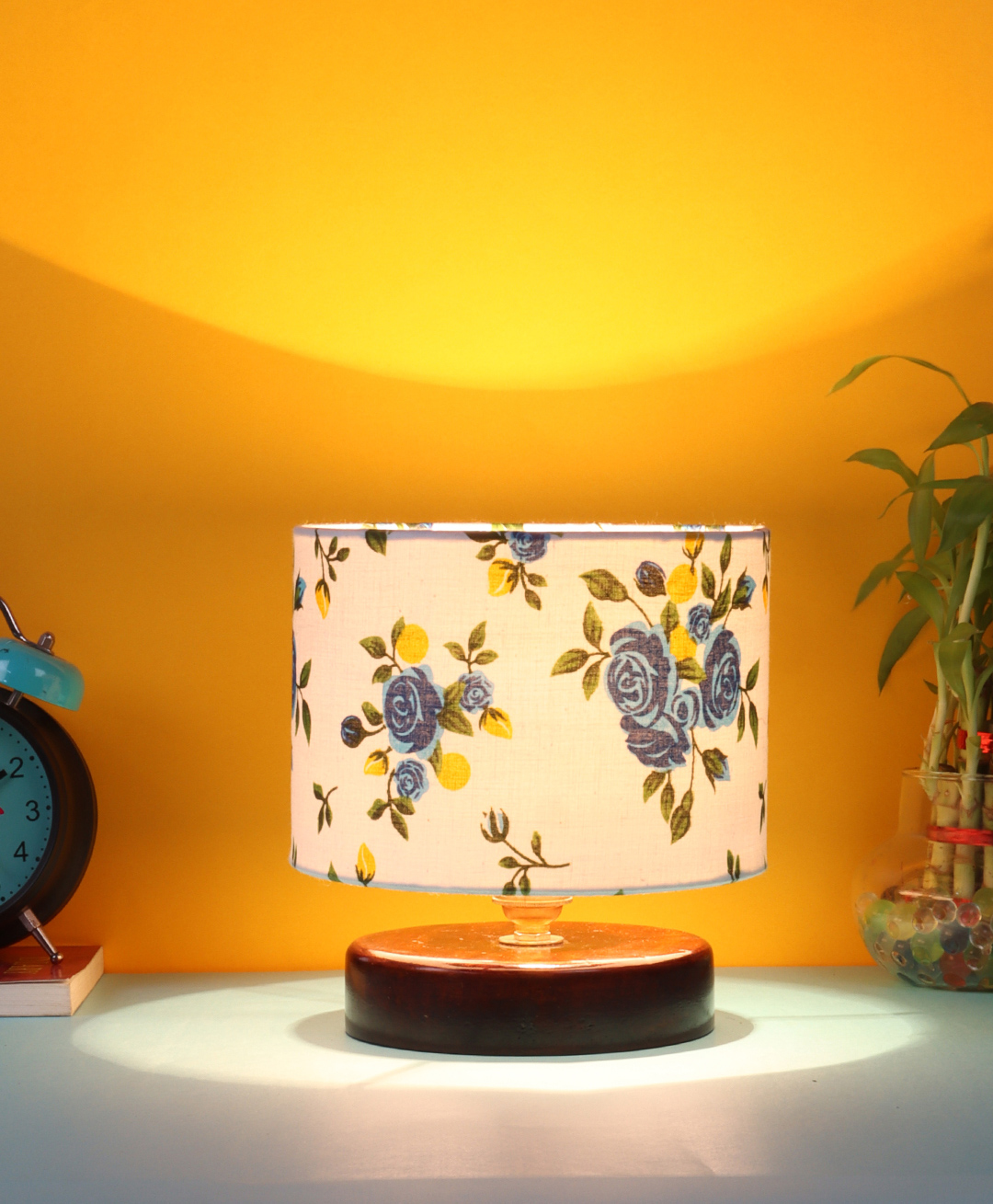 Devansh Cotton Shade Lamp with Brown Wood Base - Multicolor-image-19