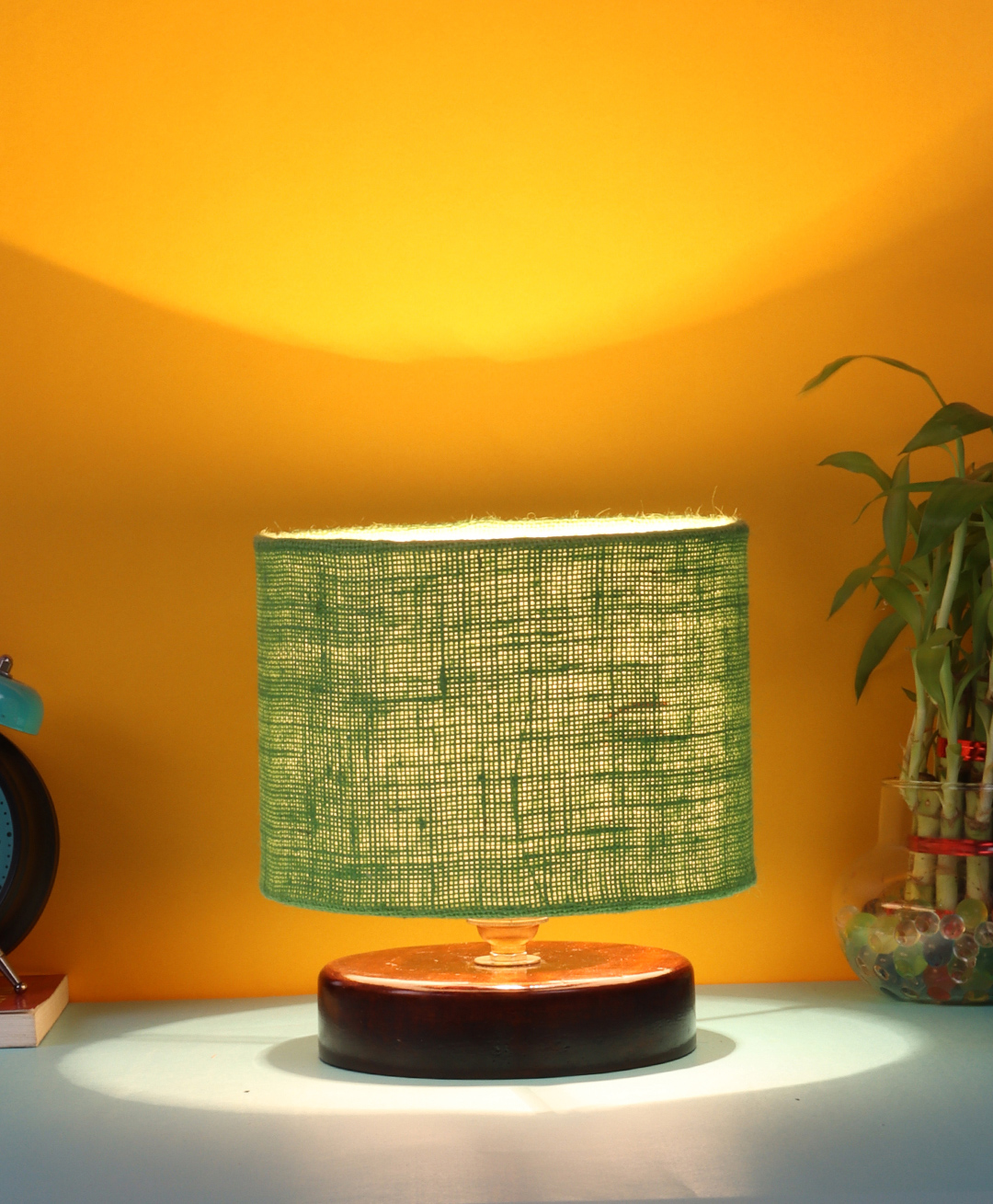 Devansh Jute Shade Lamp with Brown Wood Base - Green-picture-22