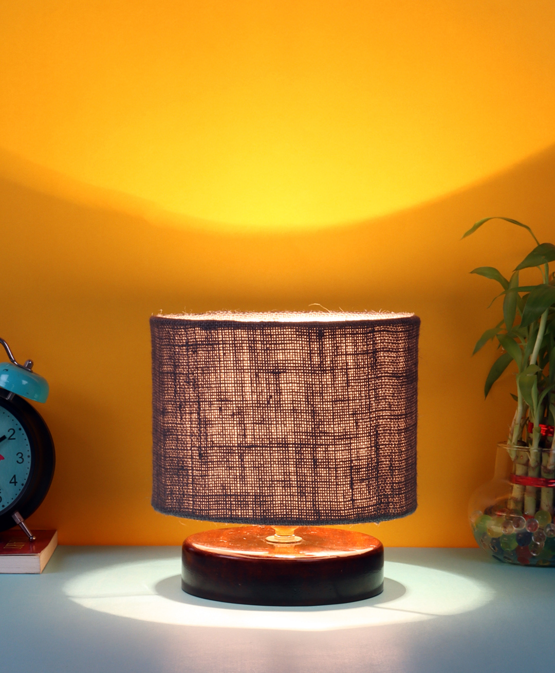 Devansh Jute Shade Lamp with Brown Wood Base - Grey-image-35