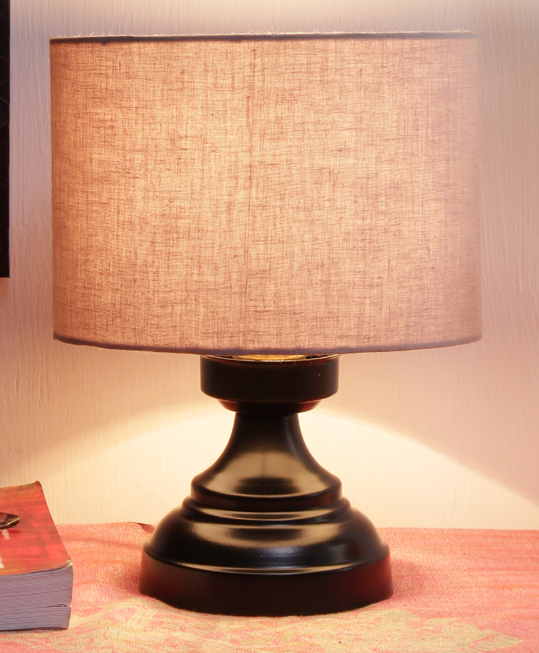 Devansh Cotton Shade Lamp With Black Iron Base - Grey-image-14