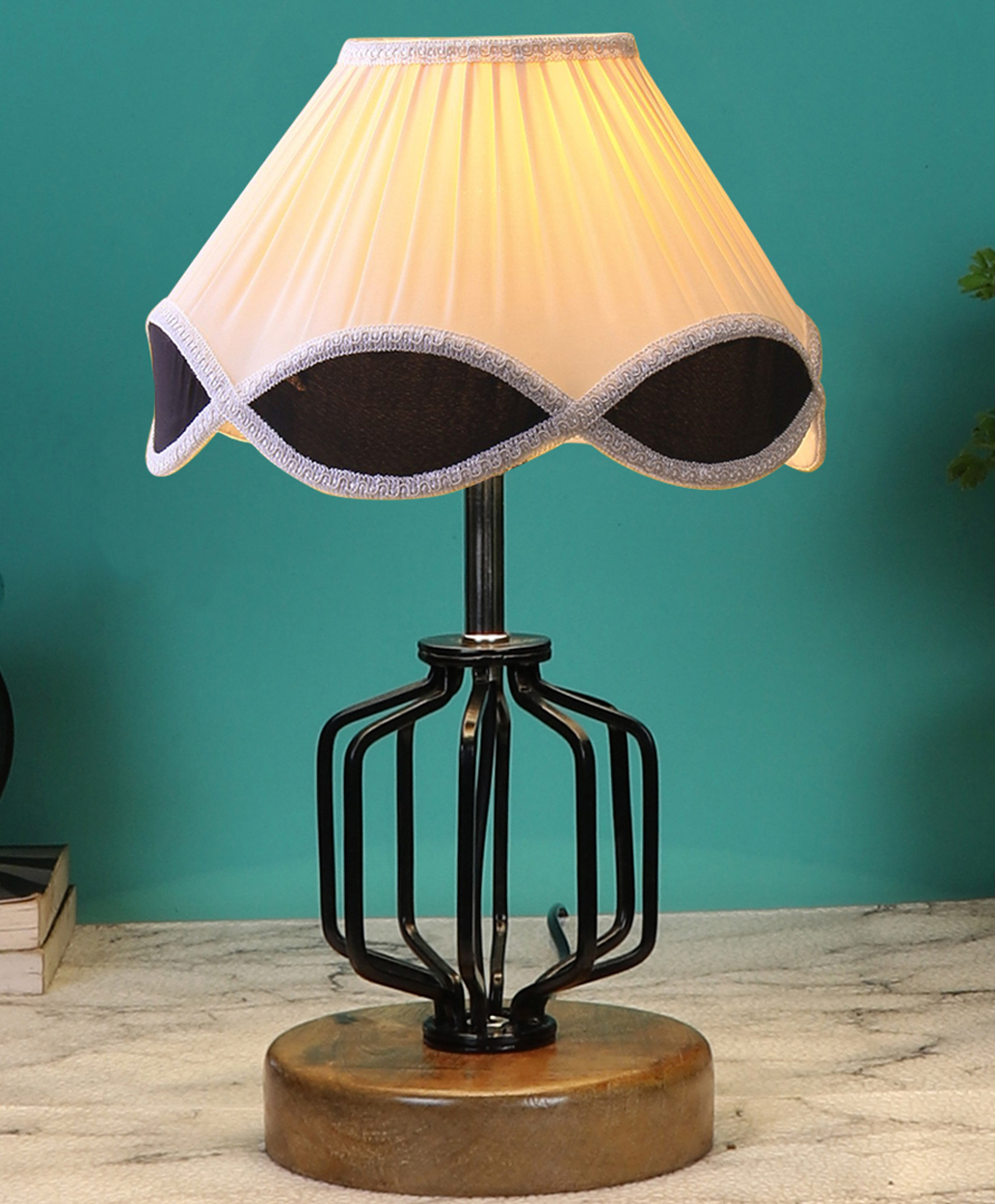 Devansh Vintage Cotton Table Lamp With Iron And Wood Natural Base - Multicolor-image-8