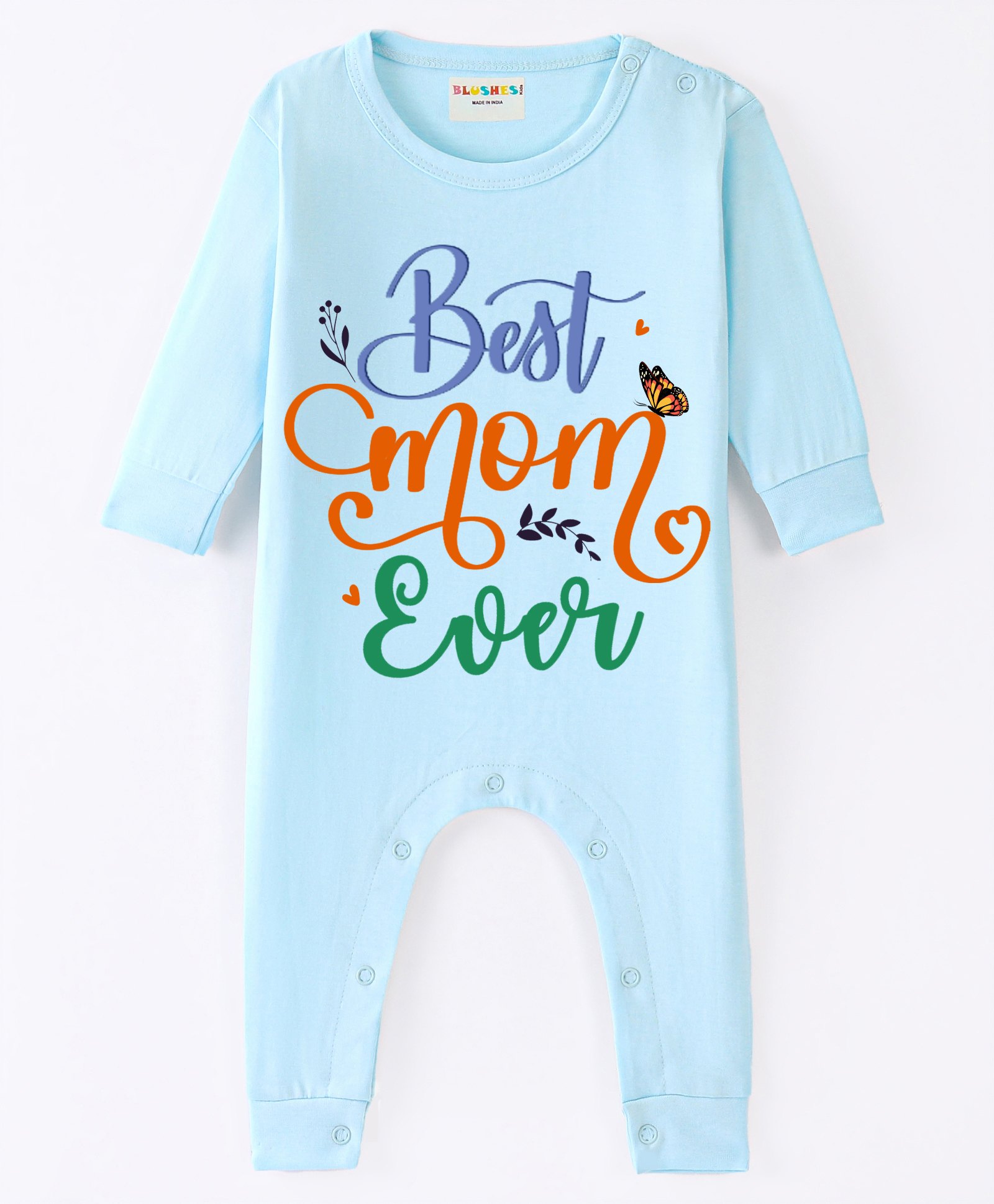 BLUSHES 100% Cotton Mothers Day Theme Full Sleeves Best Mom Ever Text Printed Romper - Powder Blue-picture-23