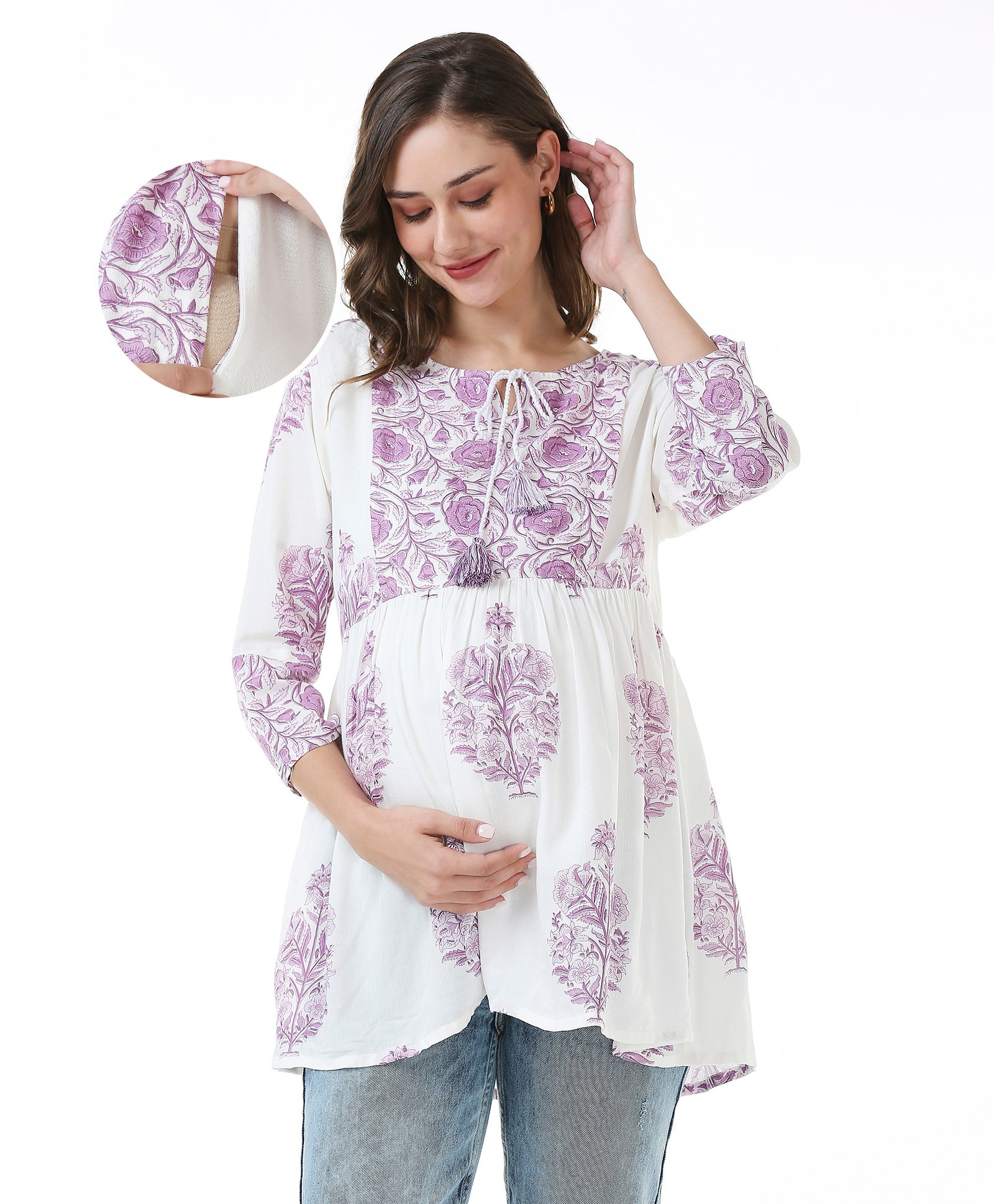 Bella Mama Woven Three Fourth Sleeves Maternity Top with Jal Printed Yoke  - White