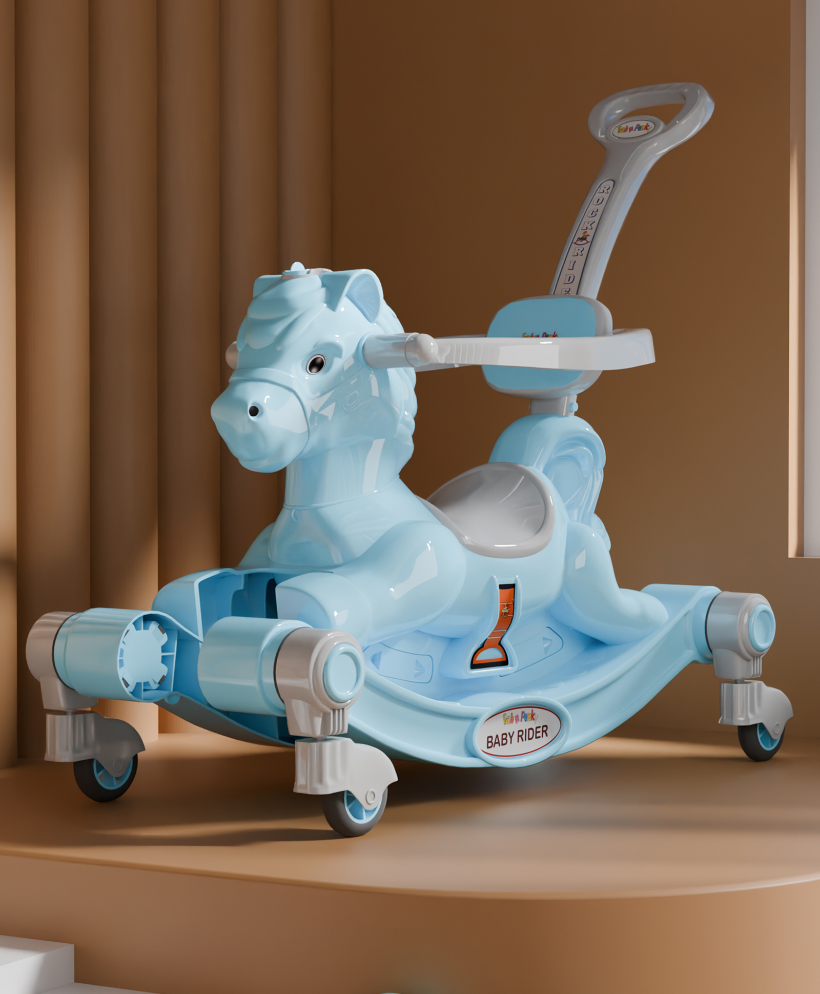 3 in 1 Baby Horse Rider Kids Ride On Car for Kids Push Ride on Toy with Rocker Push Handle  Rotating Head & Safety Bar - Blue-image-18