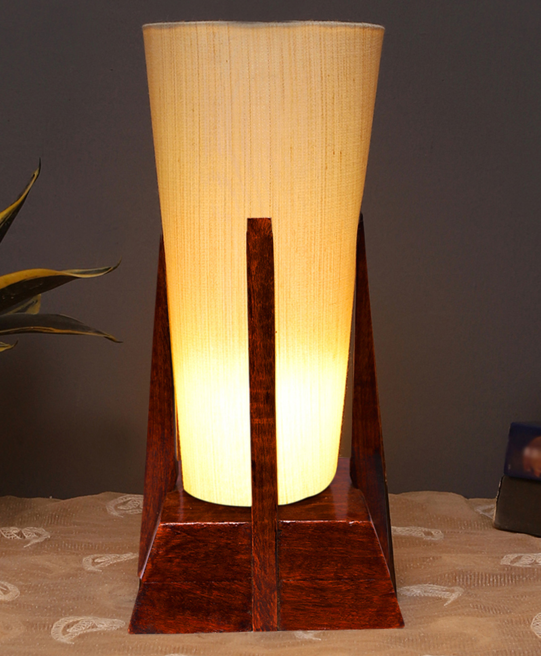 Devansh off-white Cotton conical Wooden Table Lamp-picture-15