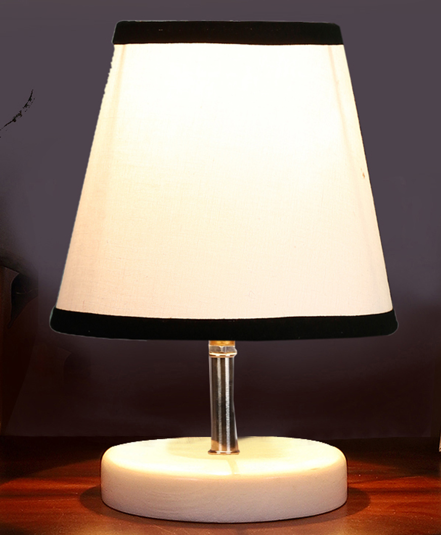Devansh White & Black cotton Round Wood white Table Lamp-image-49