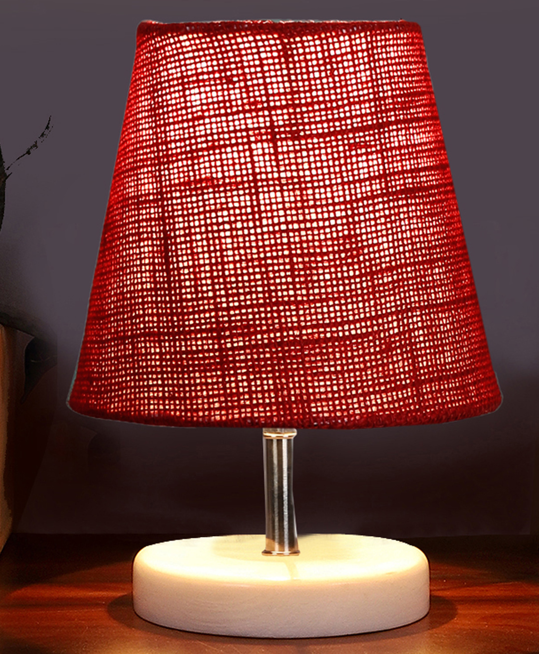 Devansh Maroon Jute Round Wood white Table Lamp-image-46