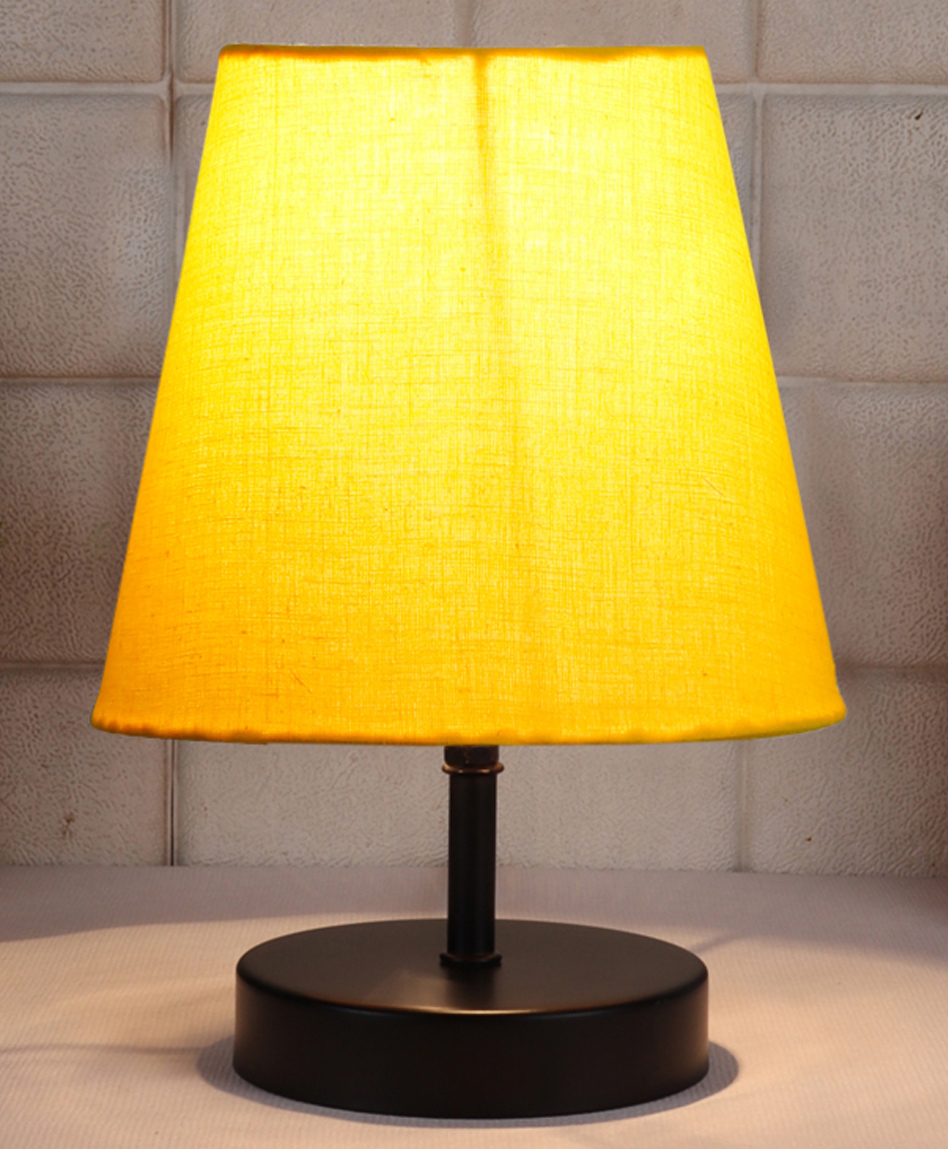 Devansh Yellow cotton Round Wood Black Table Lamp-image-3