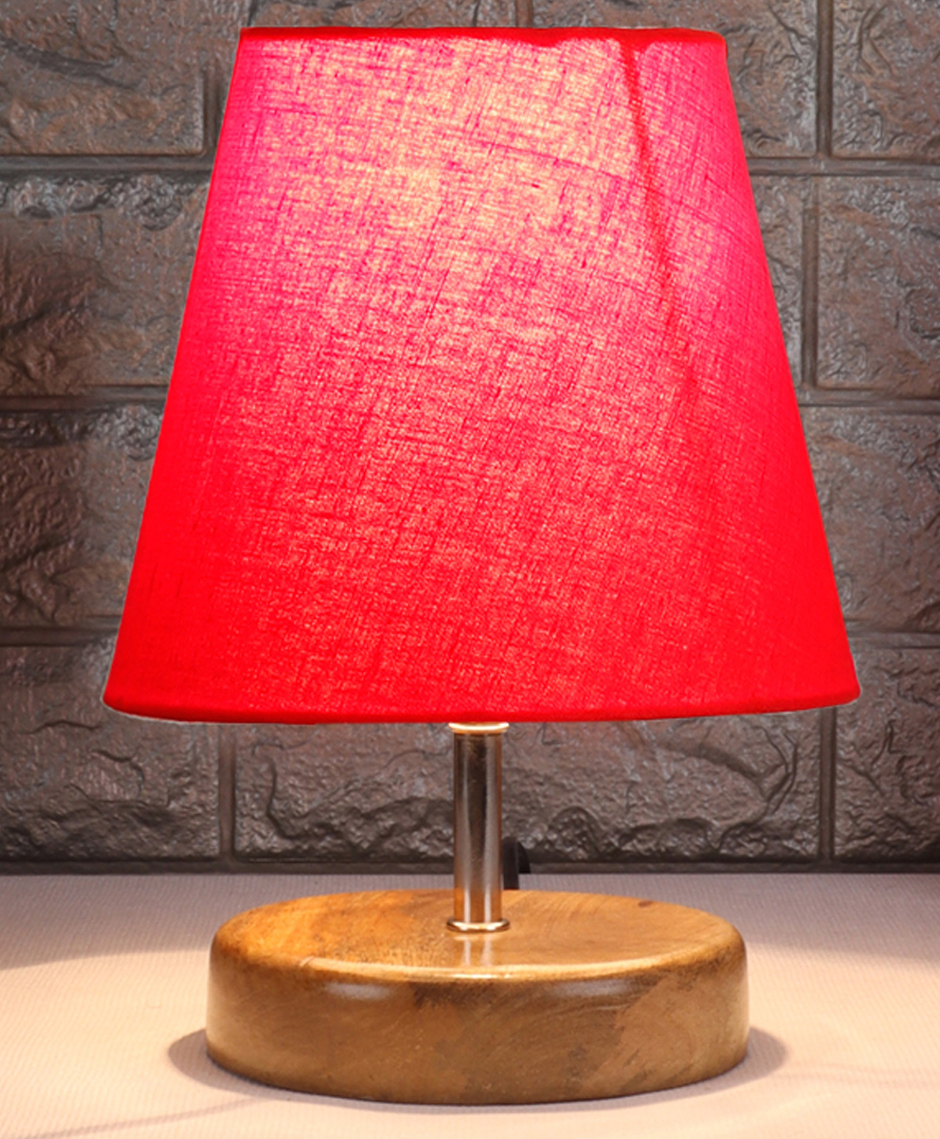 Devansh Red cotton Round Natural Wood Table Lamp-image-7